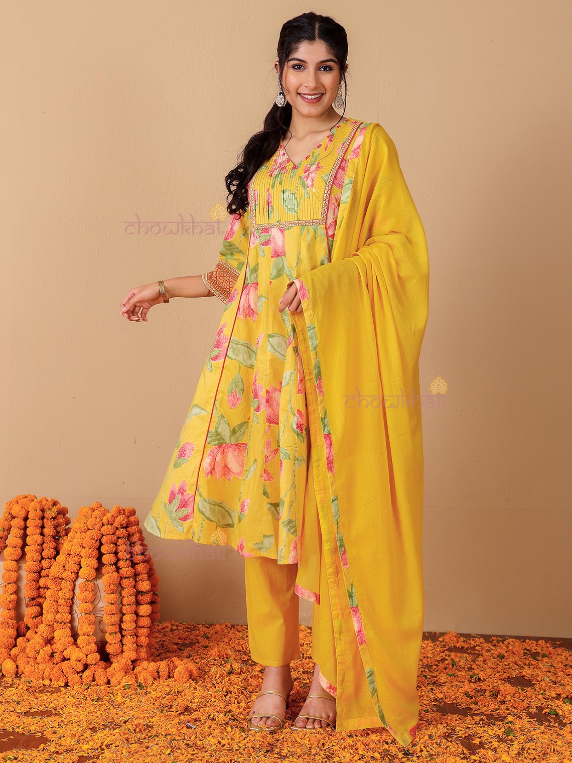 Tanvi Hand Printed 3 Piece Nyra Style Stitched Suit Set with Handwork - Chowkhat Lifestyle