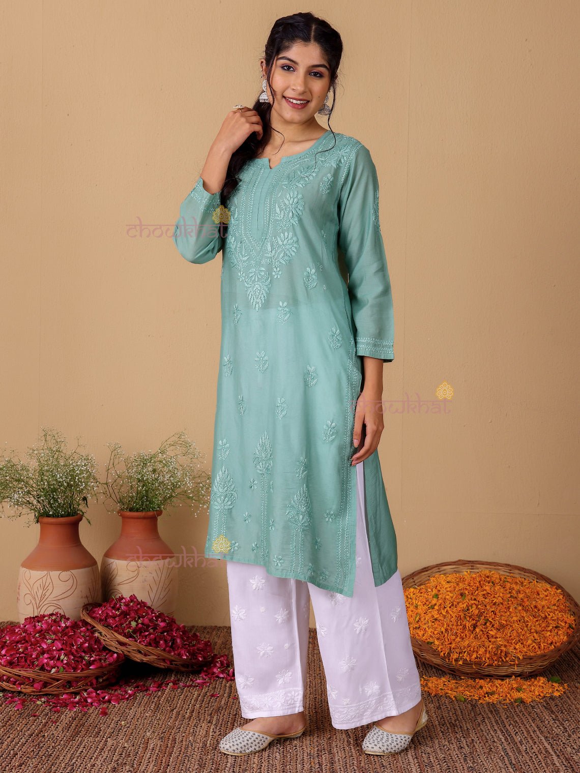 Maya Chanderi Chikankari Straight Kurti - Chowkhat Lifestyle