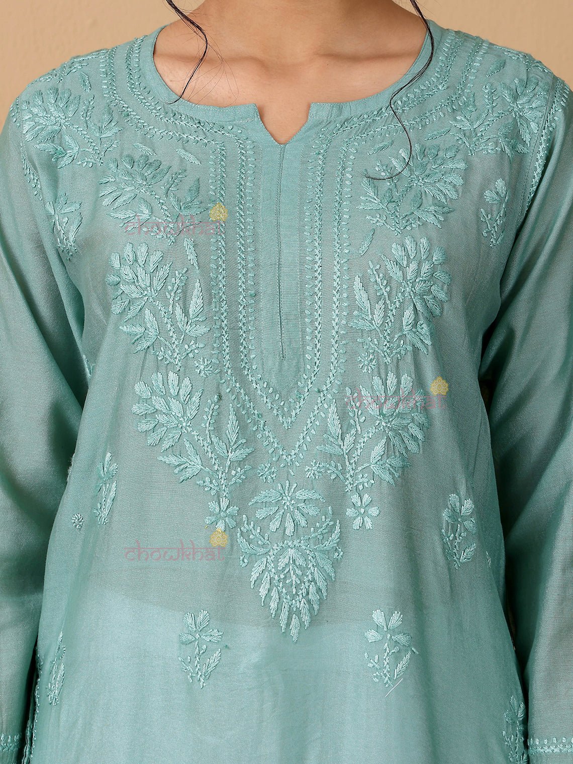 Maya Chanderi Chikankari Straight Kurti - Chowkhat Lifestyle