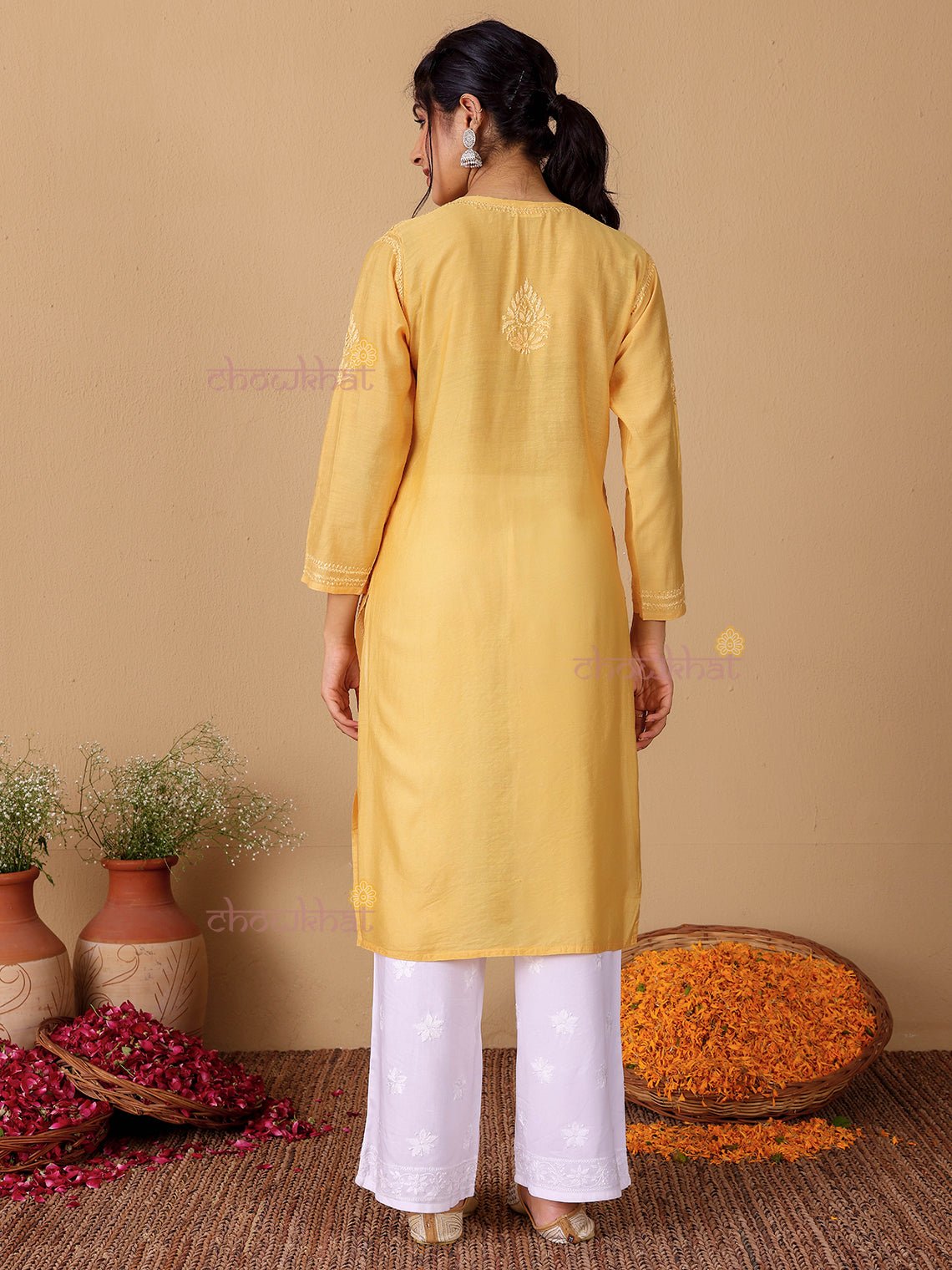 Maya Chanderi Chikankari Straight Kurti - Chowkhat Lifestyle