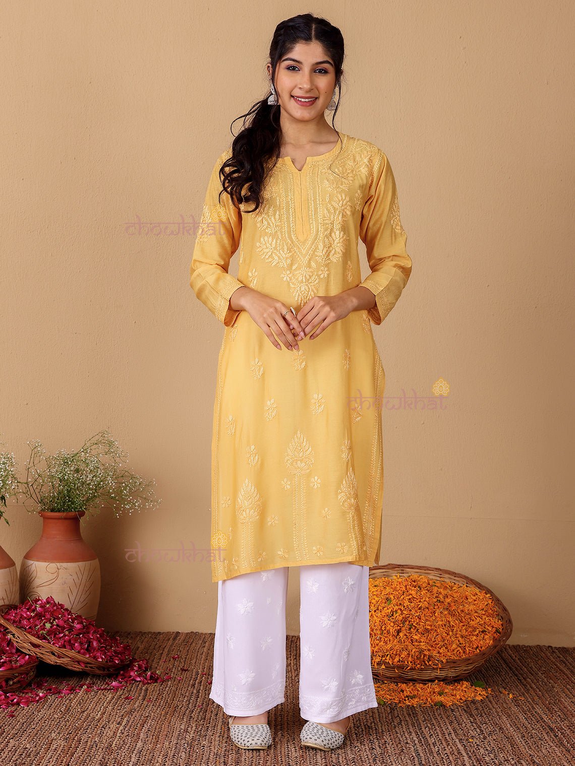 Maya Chanderi Chikankari Straight Kurti - Chowkhat Lifestyle