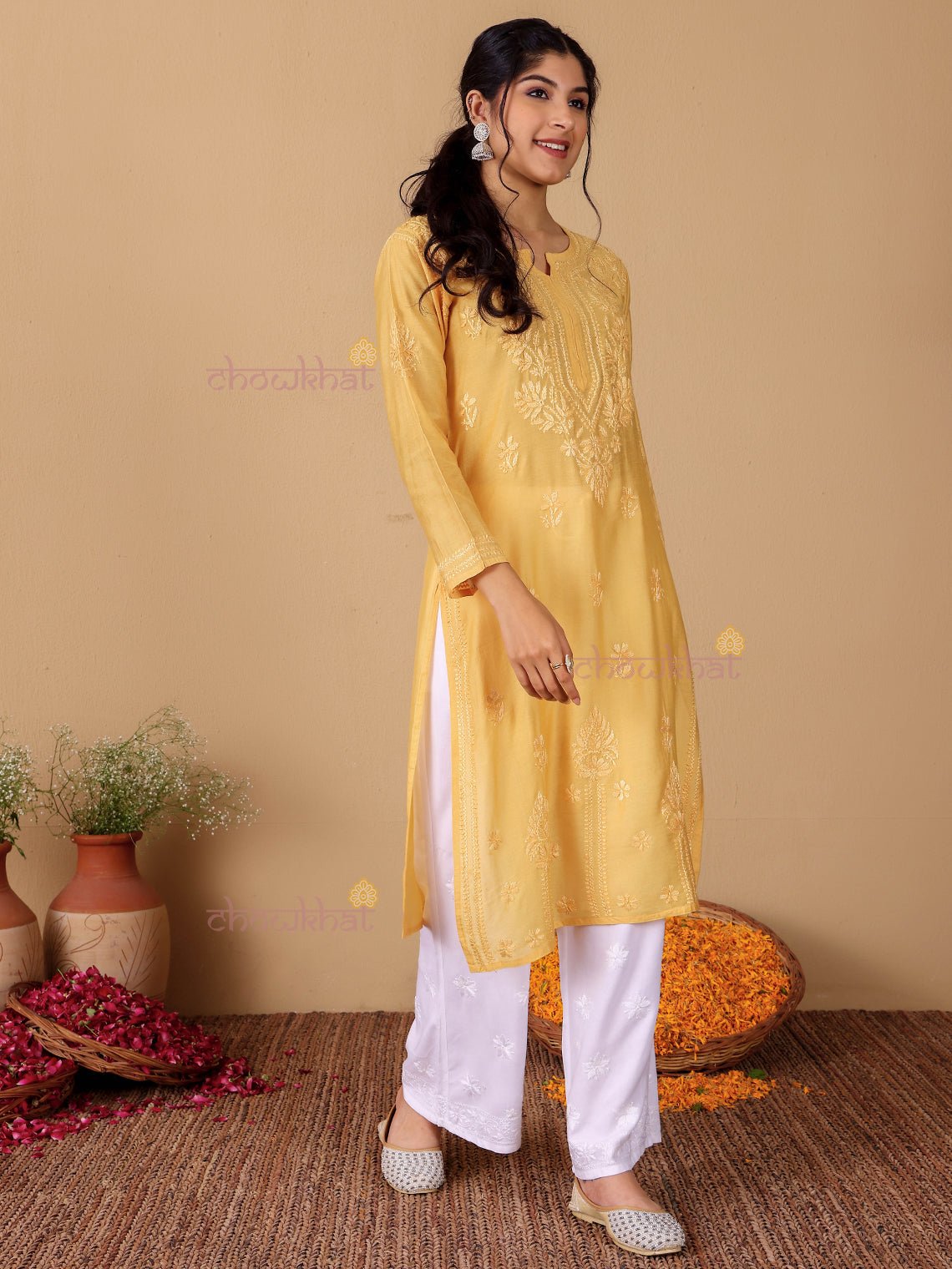 Maya Chanderi Chikankari Straight Kurti - Chowkhat Lifestyle