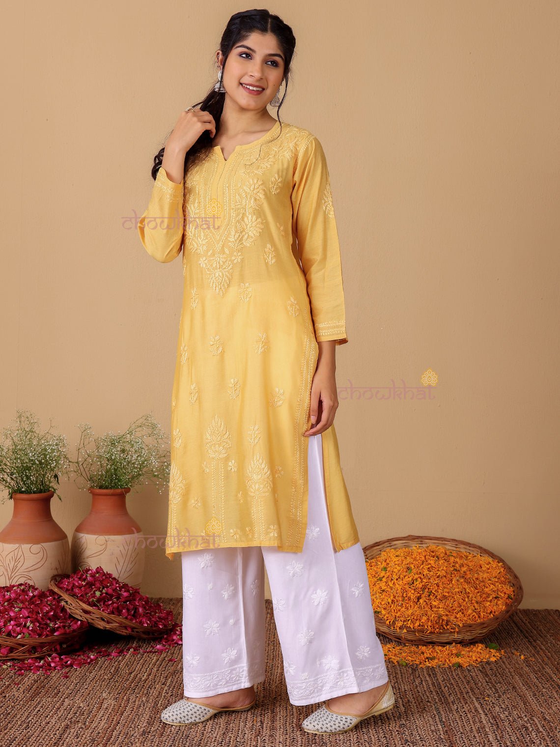 Maya Chanderi Chikankari Straight Kurti - Chowkhat Lifestyle