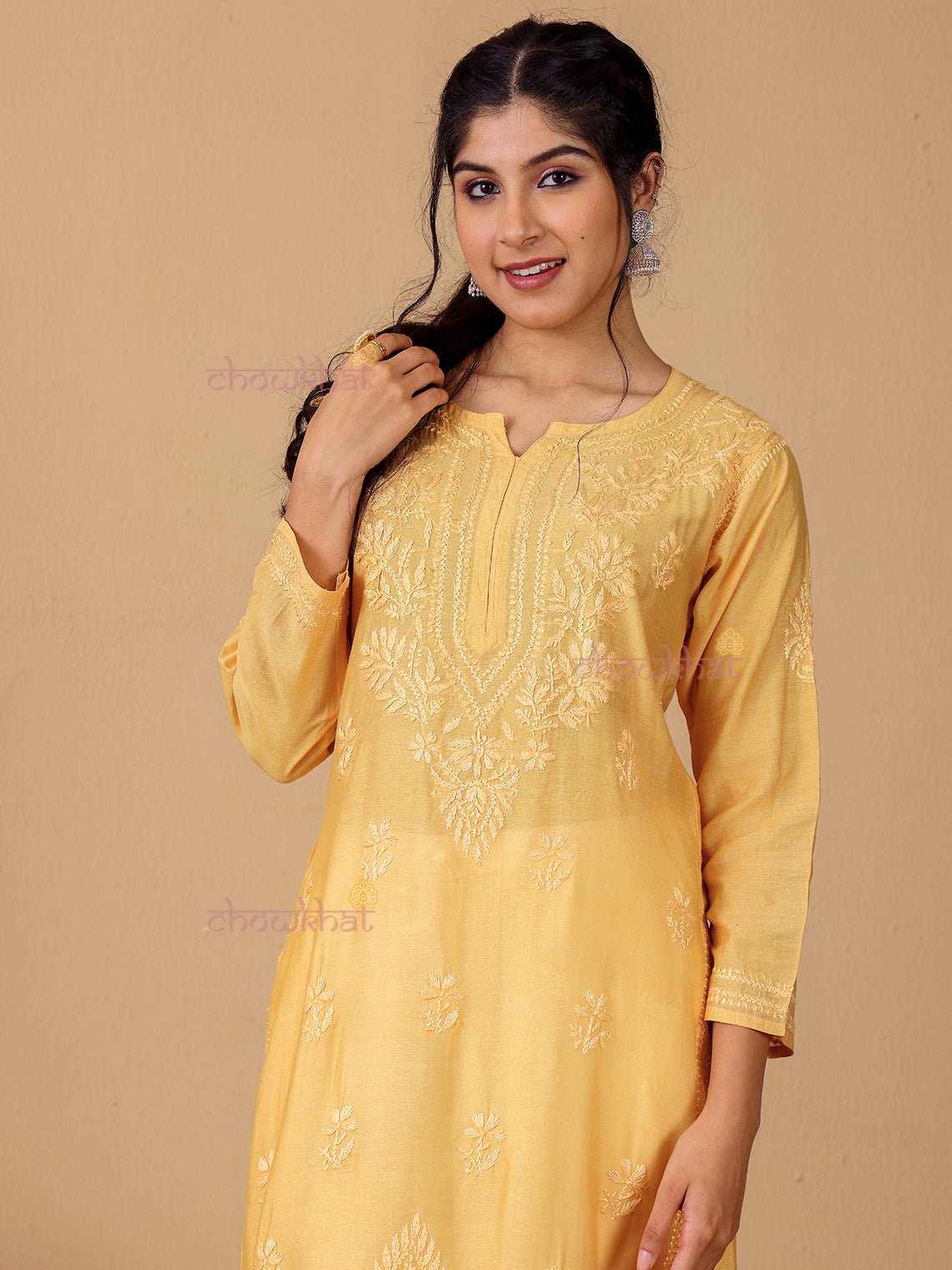 Maya Chanderi Chikankari Straight Kurti - Chowkhat Lifestyle