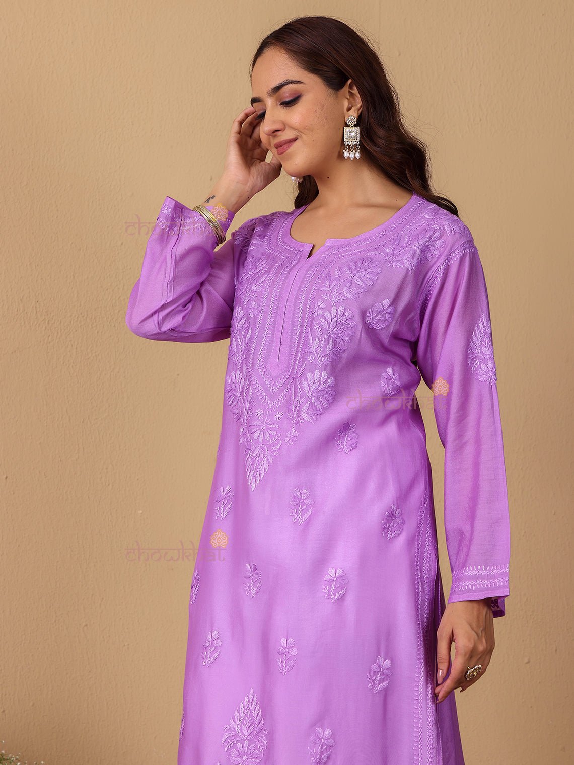 Maya Chanderi Chikankari Straight Kurti - Chowkhat Lifestyle