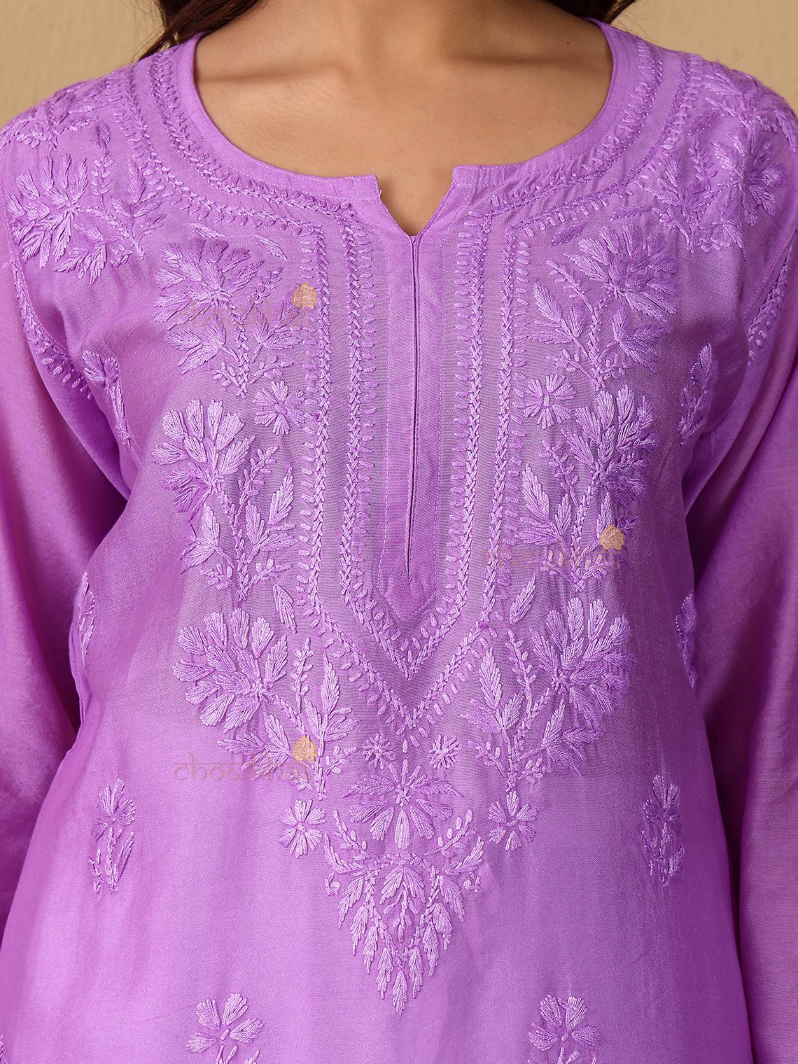 Maya Chanderi Chikankari Straight Kurti - Chowkhat Lifestyle