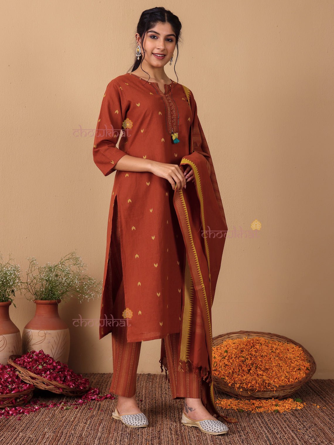Aviva Handloom Cotton 3 Piece Stitched Suit Set with Pearl & Kantha Handwork - Chowkhat Lifestyle