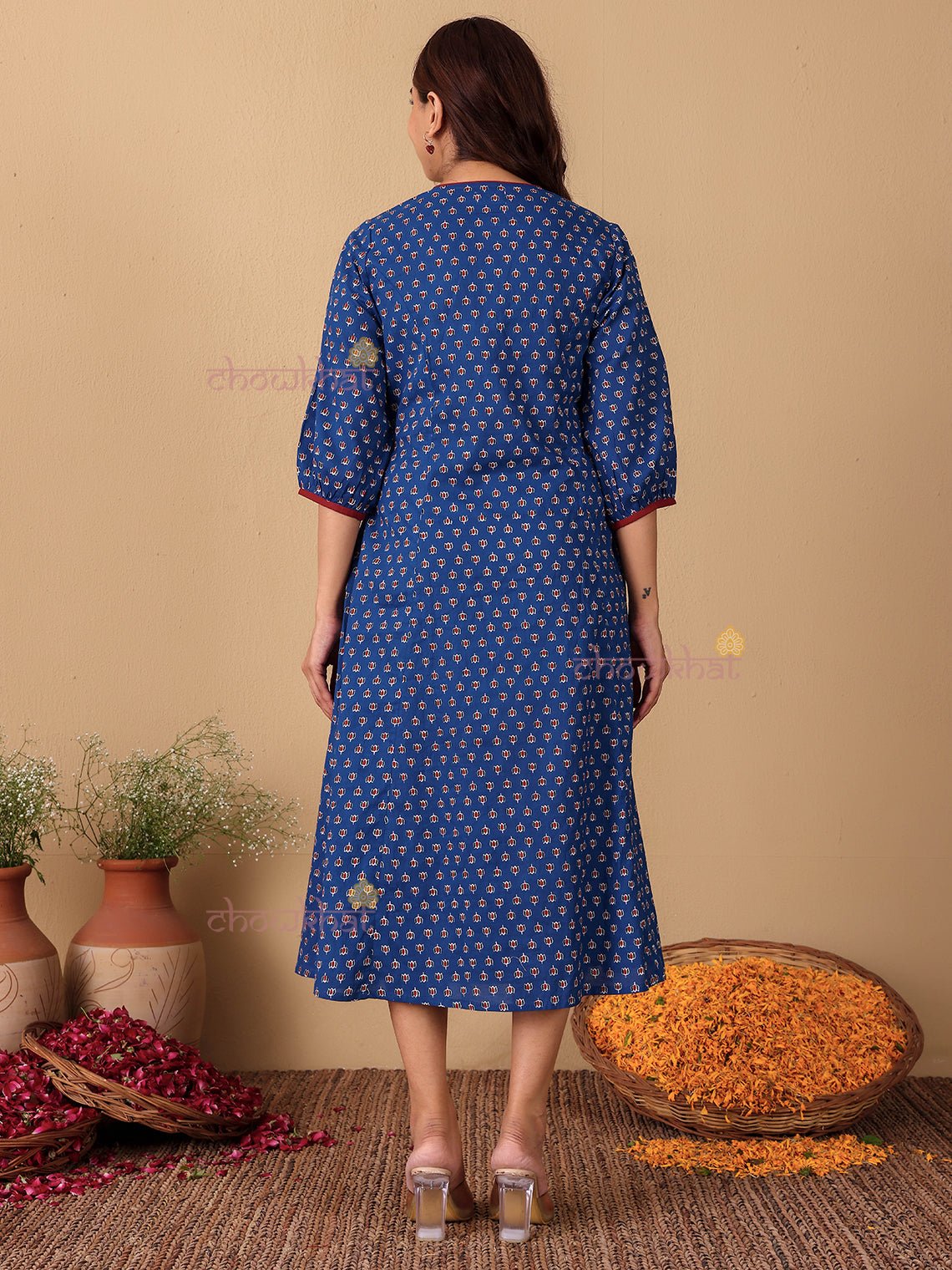 Riva Cotton Hand Printed Angrakha Dress with Hand Work - Chowkhat Lifestyle