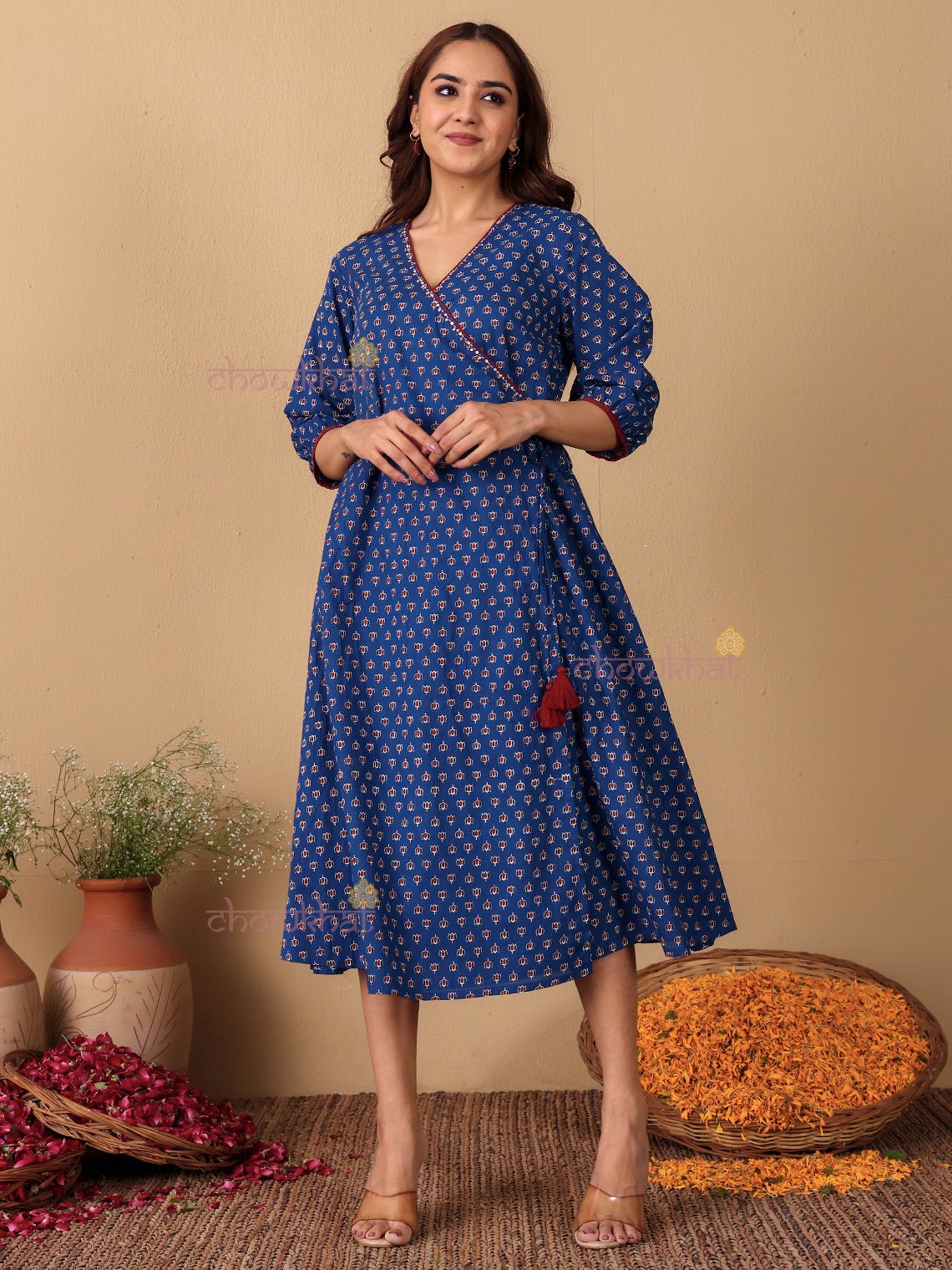 Riva Cotton Hand Printed Angrakha Dress with Hand Work - Chowkhat Lifestyle