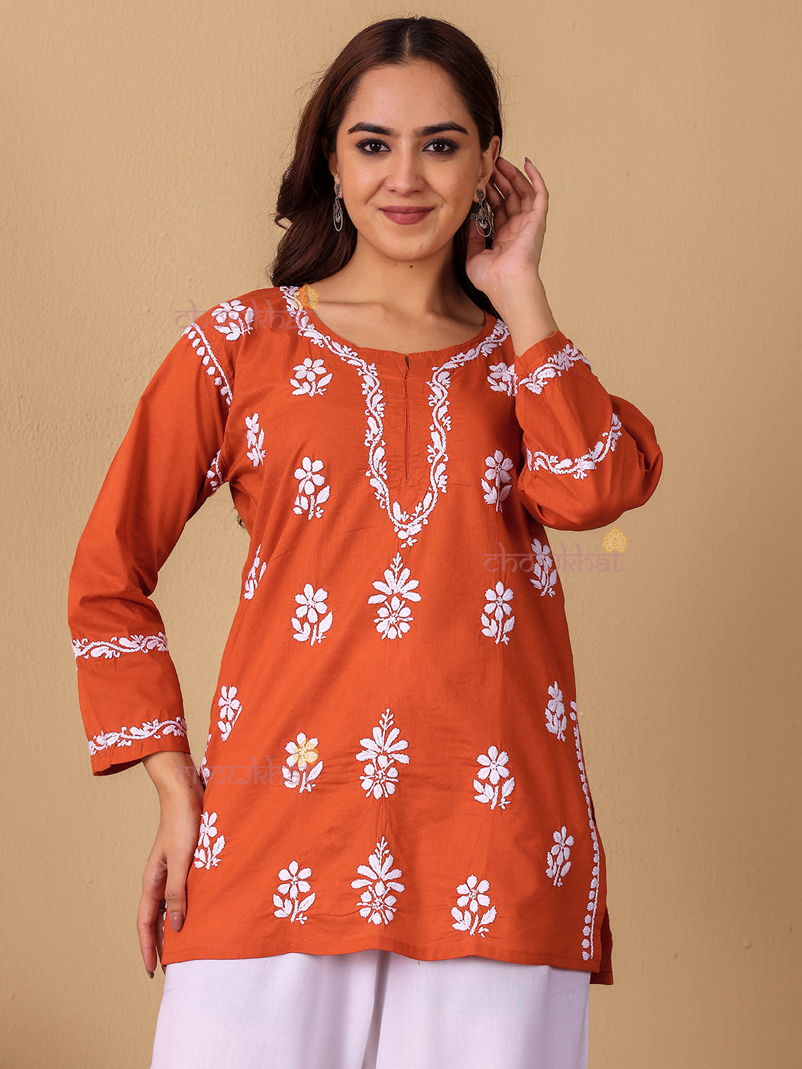 Raha Cotton Straight Short Chikankari Kurti
