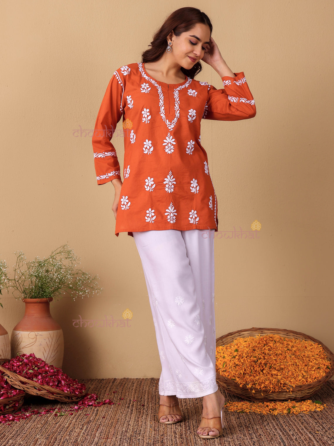 Raha Cotton Straight Short Chikankari Kurti