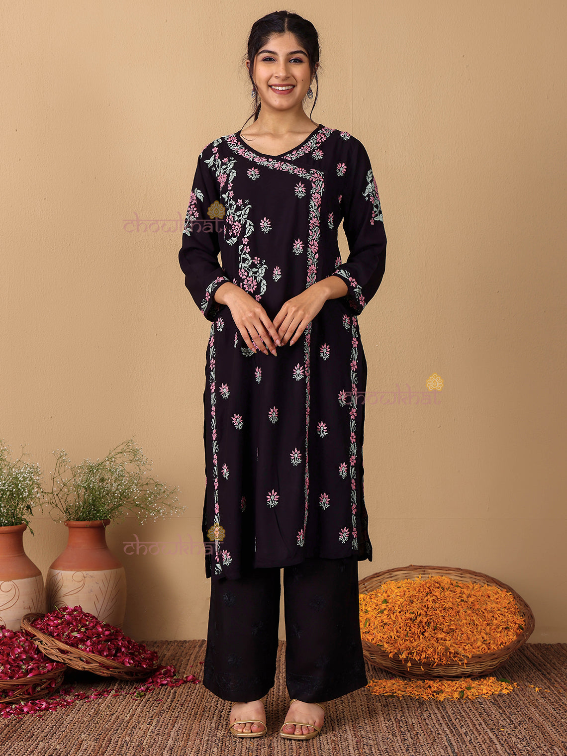 Irya Angrakha Premium Rayon Multi Color Chikankari Kurti