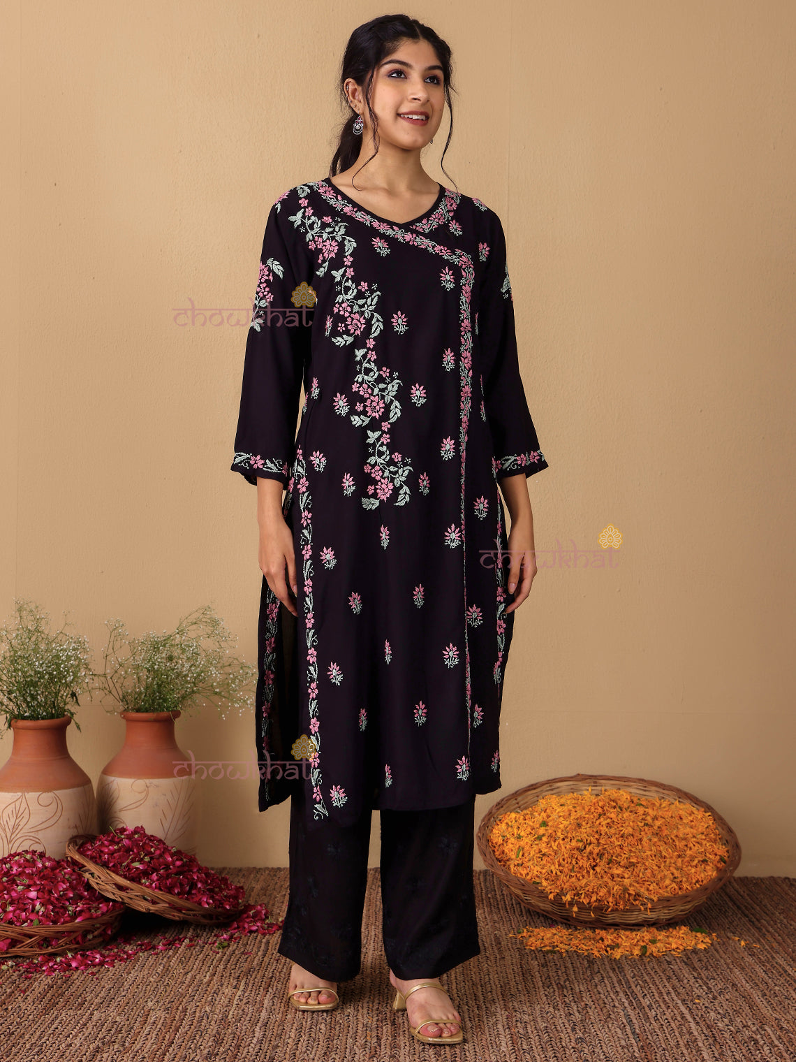 Irya Angrakha Premium Rayon Multi Color Chikankari Kurti