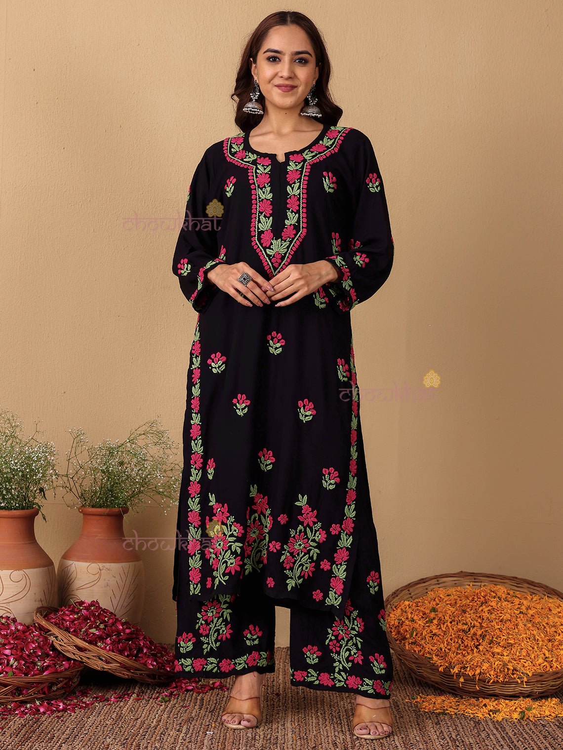 Ayana Rayon Straight Multi Color Chikankari Kurti & Palazzo Set - Chowkhat Lifestyle