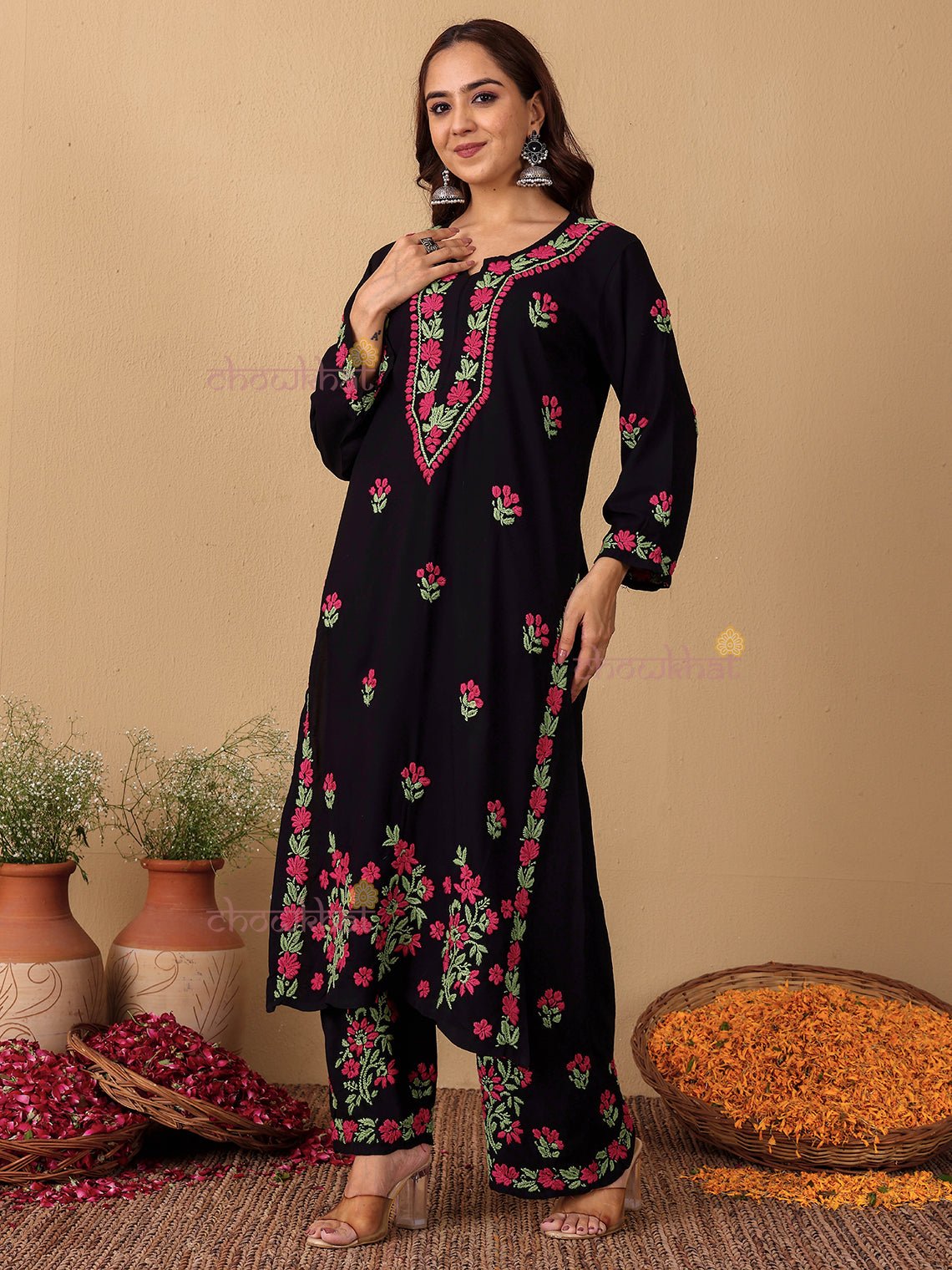 Ayana Rayon Straight Multi Color Chikankari Kurti & Palazzo Set - Chowkhat Lifestyle