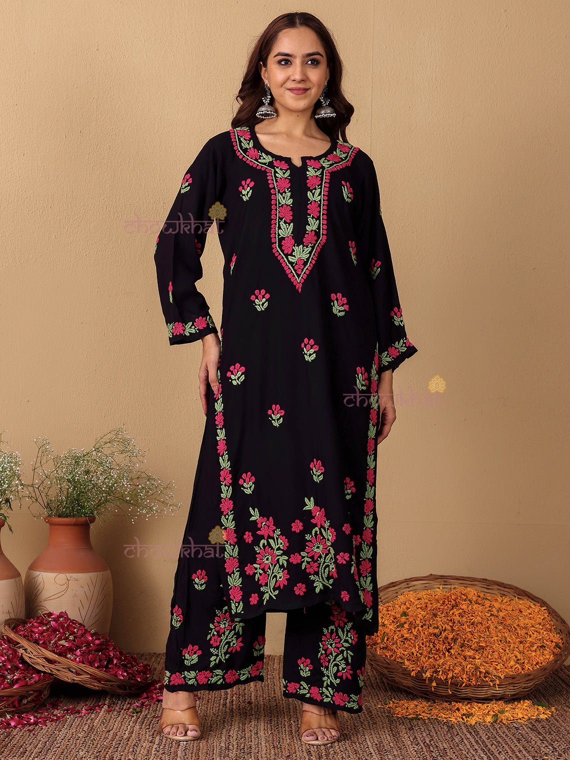 Ayana Rayon Straight Multi Color Chikankari Kurti & Palazzo Set - Chowkhat Lifestyle