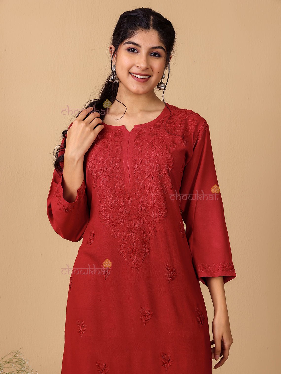 Meher Rayon Straight Long Chikankari Kurti - Chowkhat Lifestyle