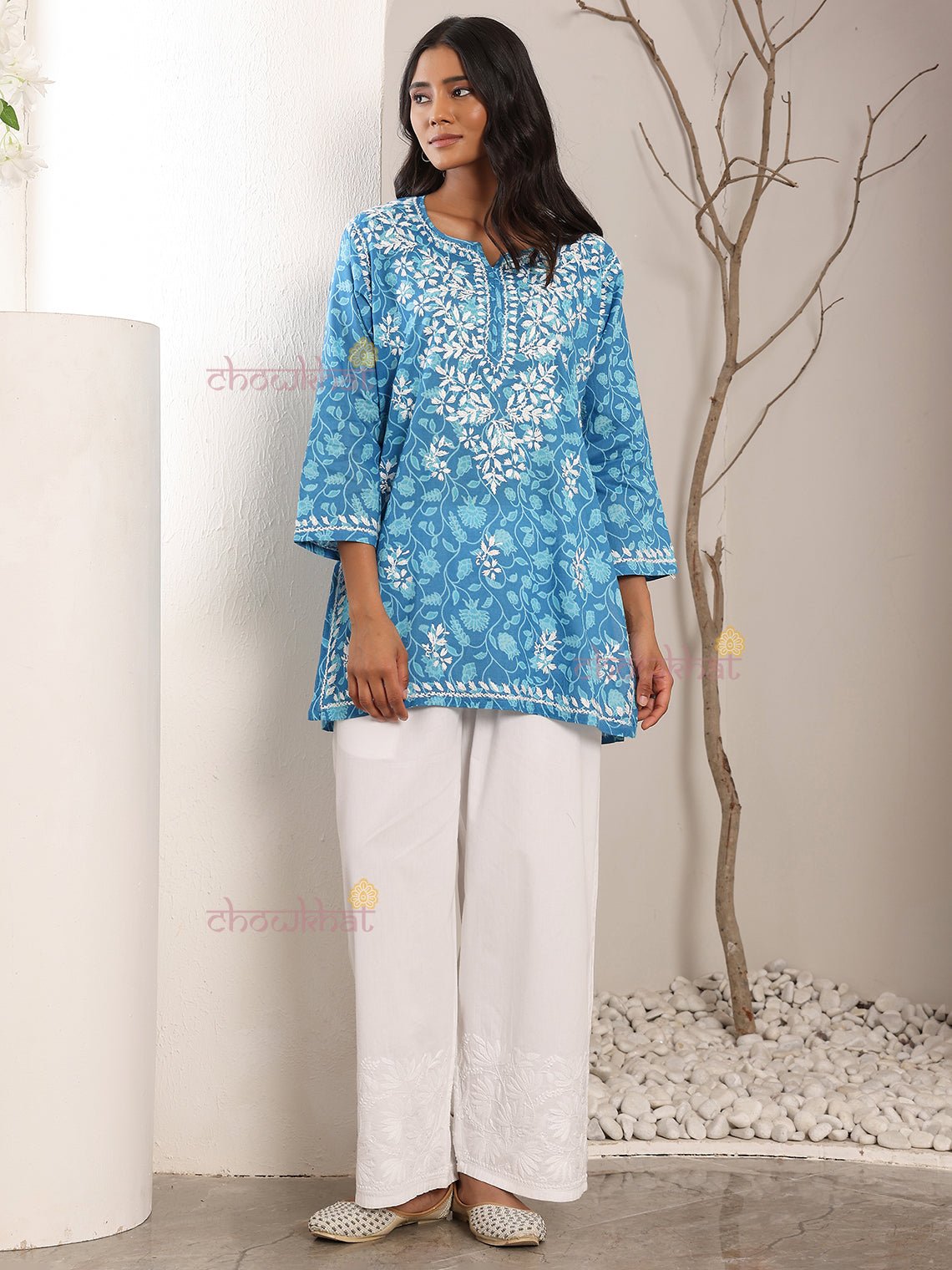 Reva Mul Cotton Short Chikankari Kurti - Chowkhat Lifestyle