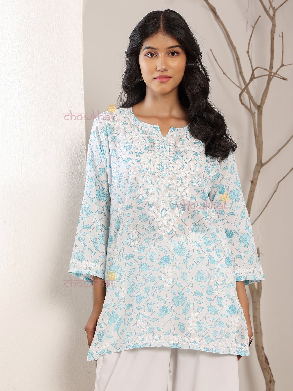 Reva Mul Cotton Short Chikankari Kurti - Chowkhat Lifestyle