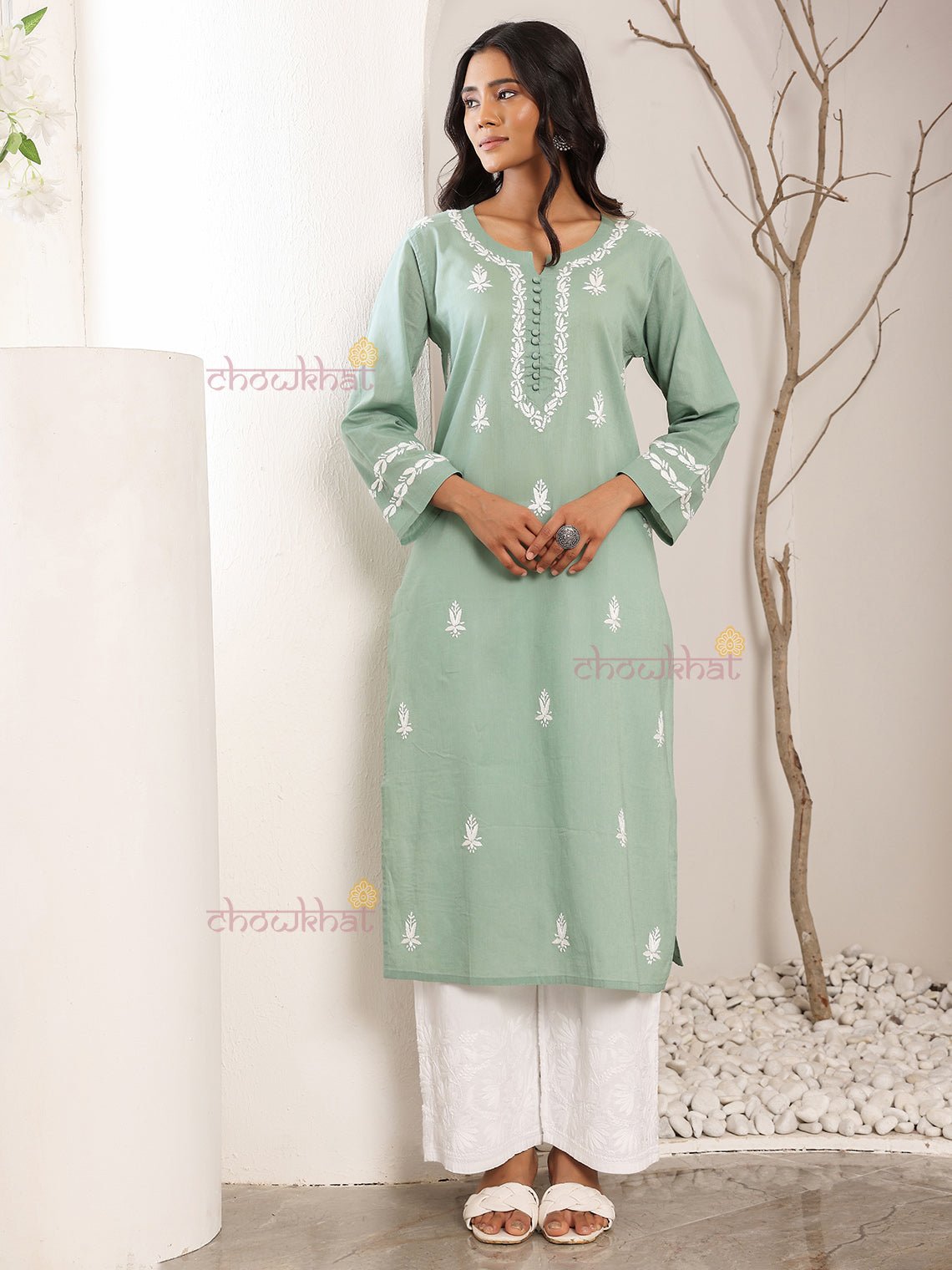 Ayra Cotton Straight Hand Embroidered Chikankari Kurti - Chowkhat Lifestyle