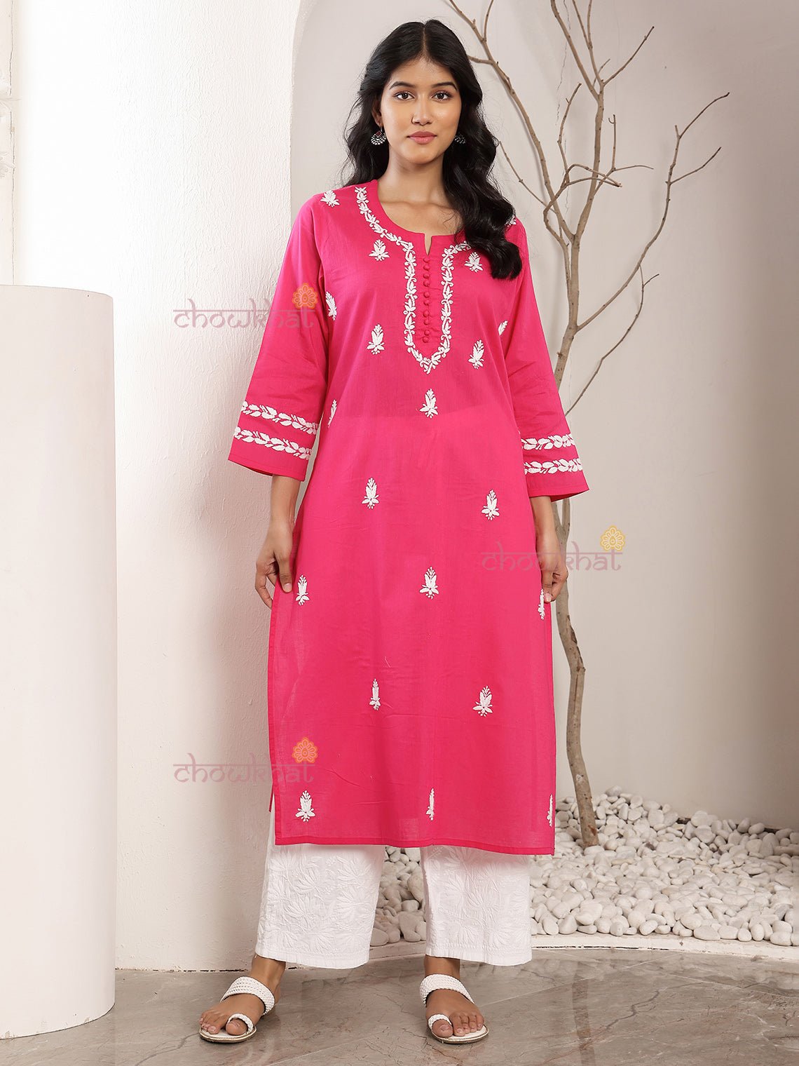 Ayra Cotton Straight Hand Embroidered Chikankari Kurti - Chowkhat Lifestyle
