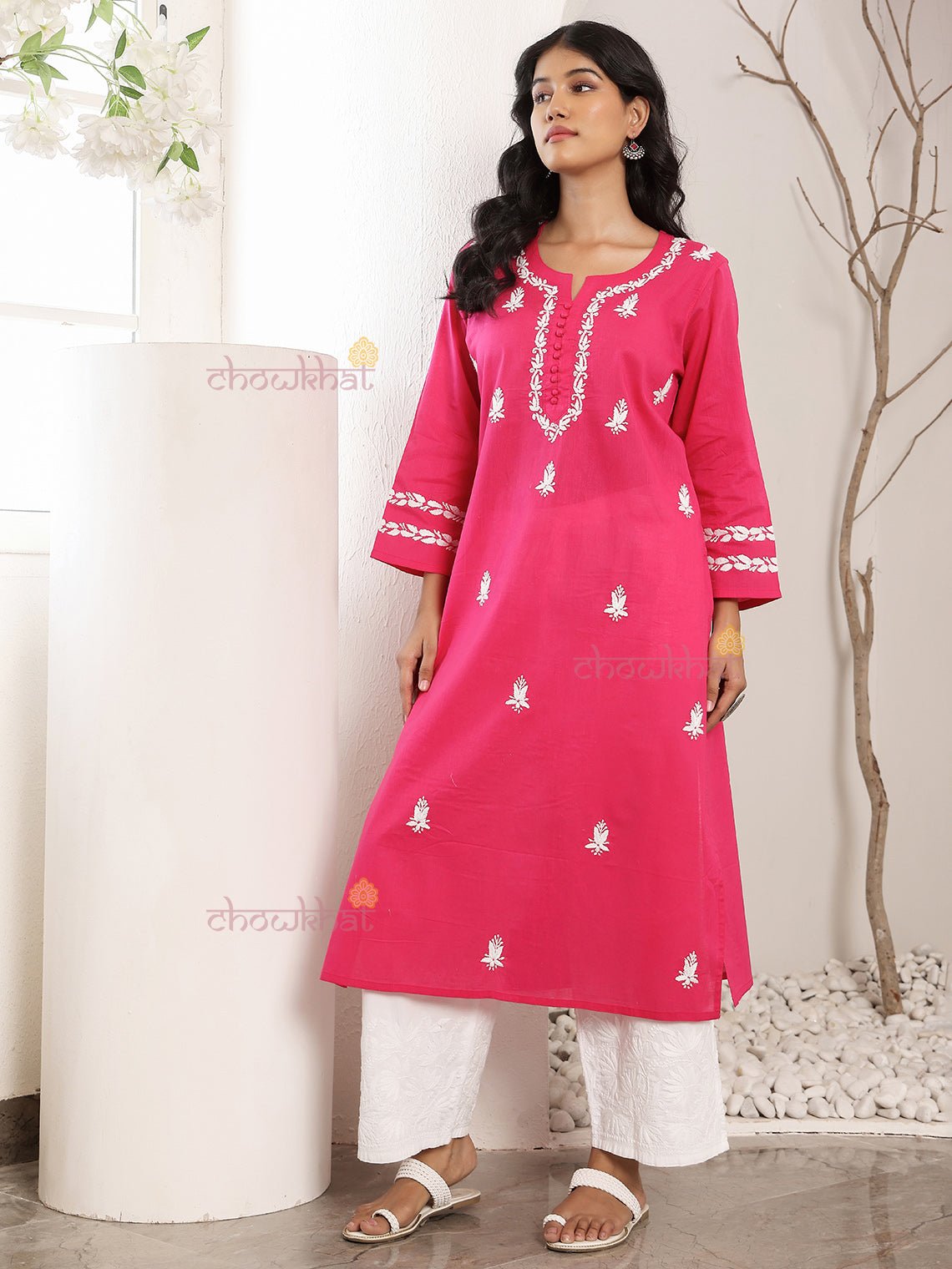 Ayra Cotton Straight Hand Embroidered Chikankari Kurti - Chowkhat Lifestyle