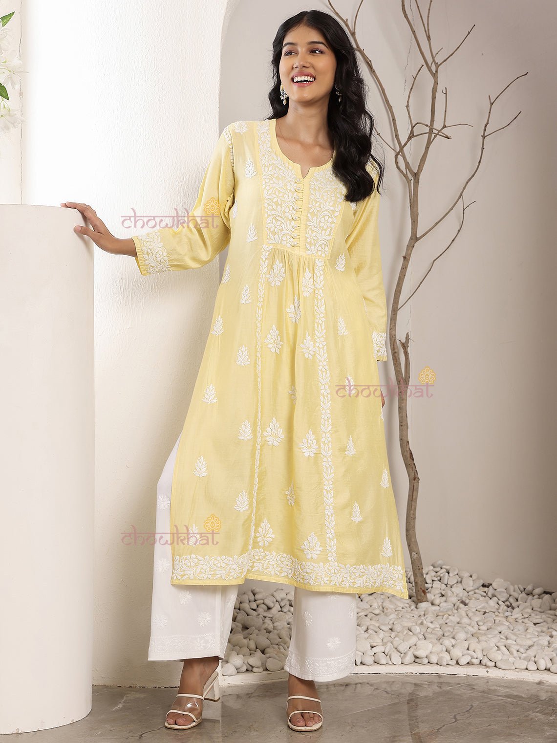 Farida Chanderi Chikankari Kurti with Pearl Buttons - Chowkhat Lifestyle
