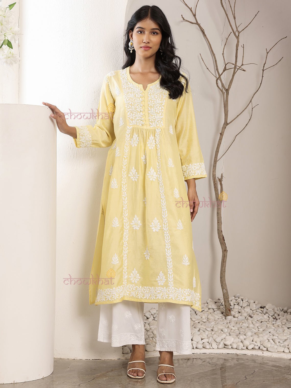Farida Chanderi Chikankari Kurti with Pearl Buttons - Chowkhat Lifestyle