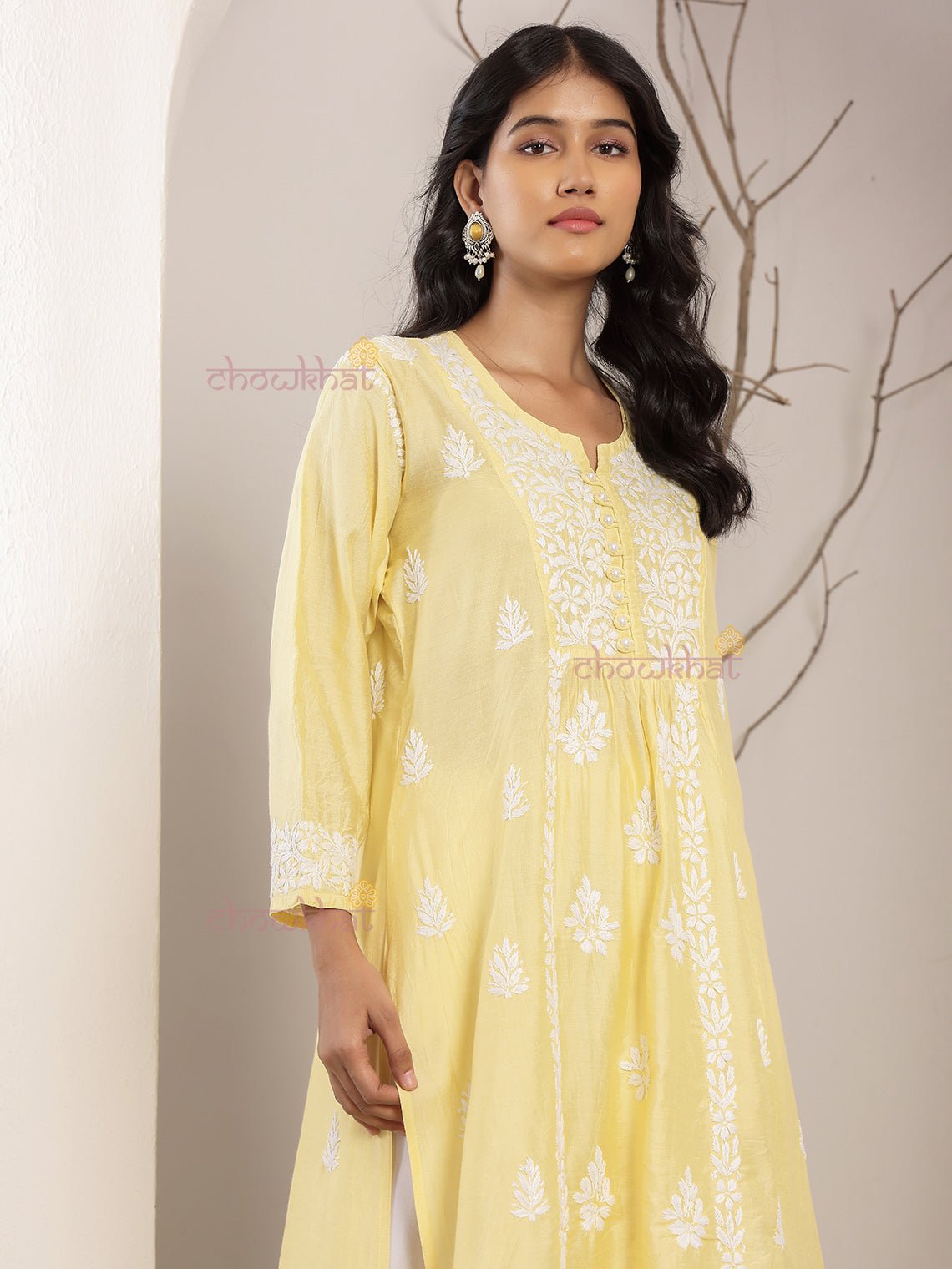 Farida Chanderi Chikankari Kurti with Pearl Buttons - Chowkhat Lifestyle