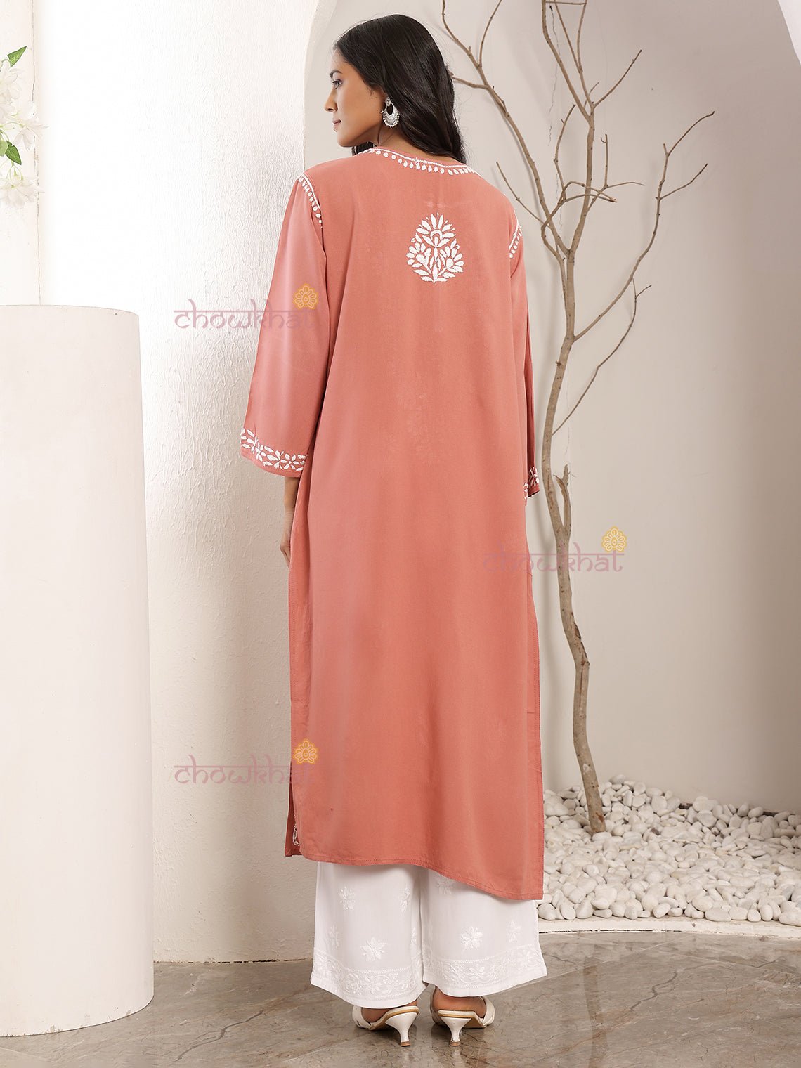 Tisha Straight Rayon Chikankari Long Kurti - Chowkhat Lifestyle