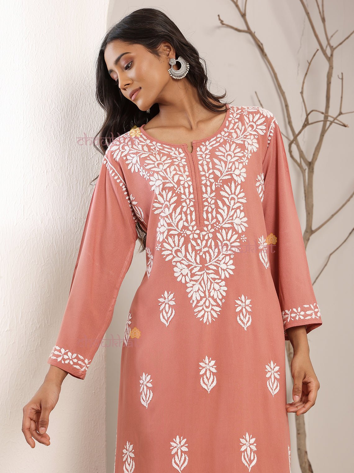 Tisha Straight Rayon Chikankari Long Kurti - Chowkhat Lifestyle