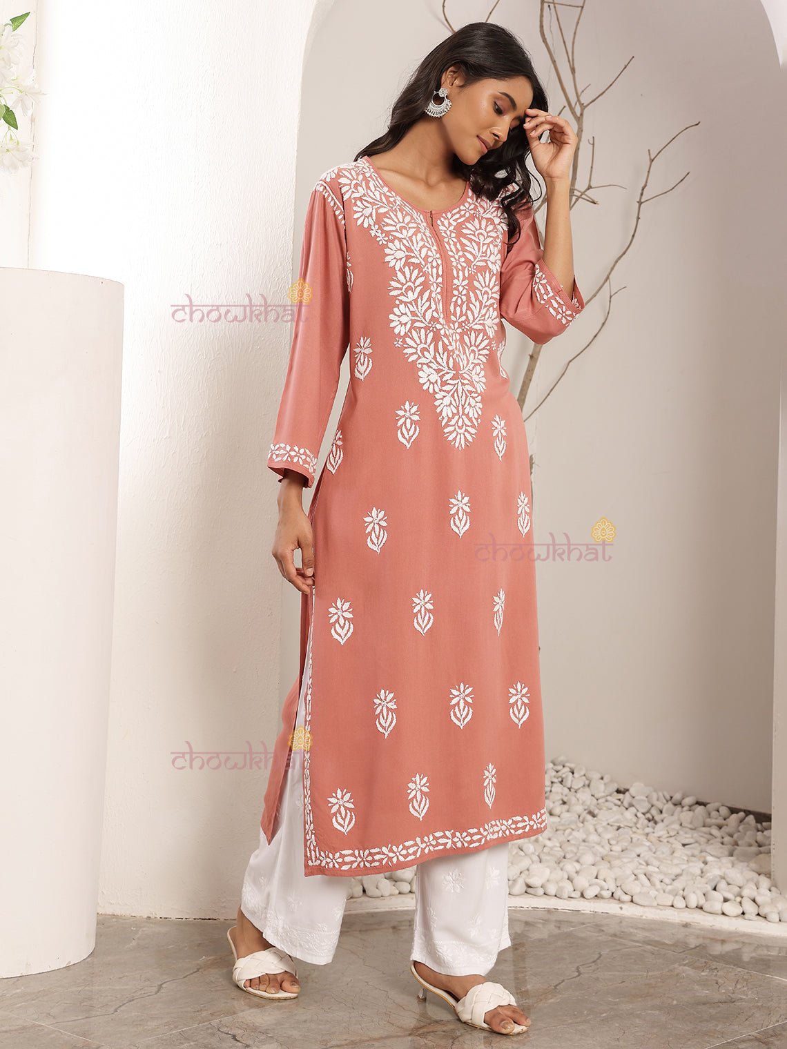 Tisha Straight Rayon Chikankari Long Kurti - Chowkhat Lifestyle