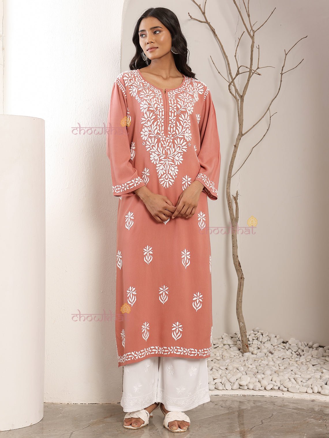 Tisha Straight Rayon Chikankari Long Kurti - Chowkhat Lifestyle