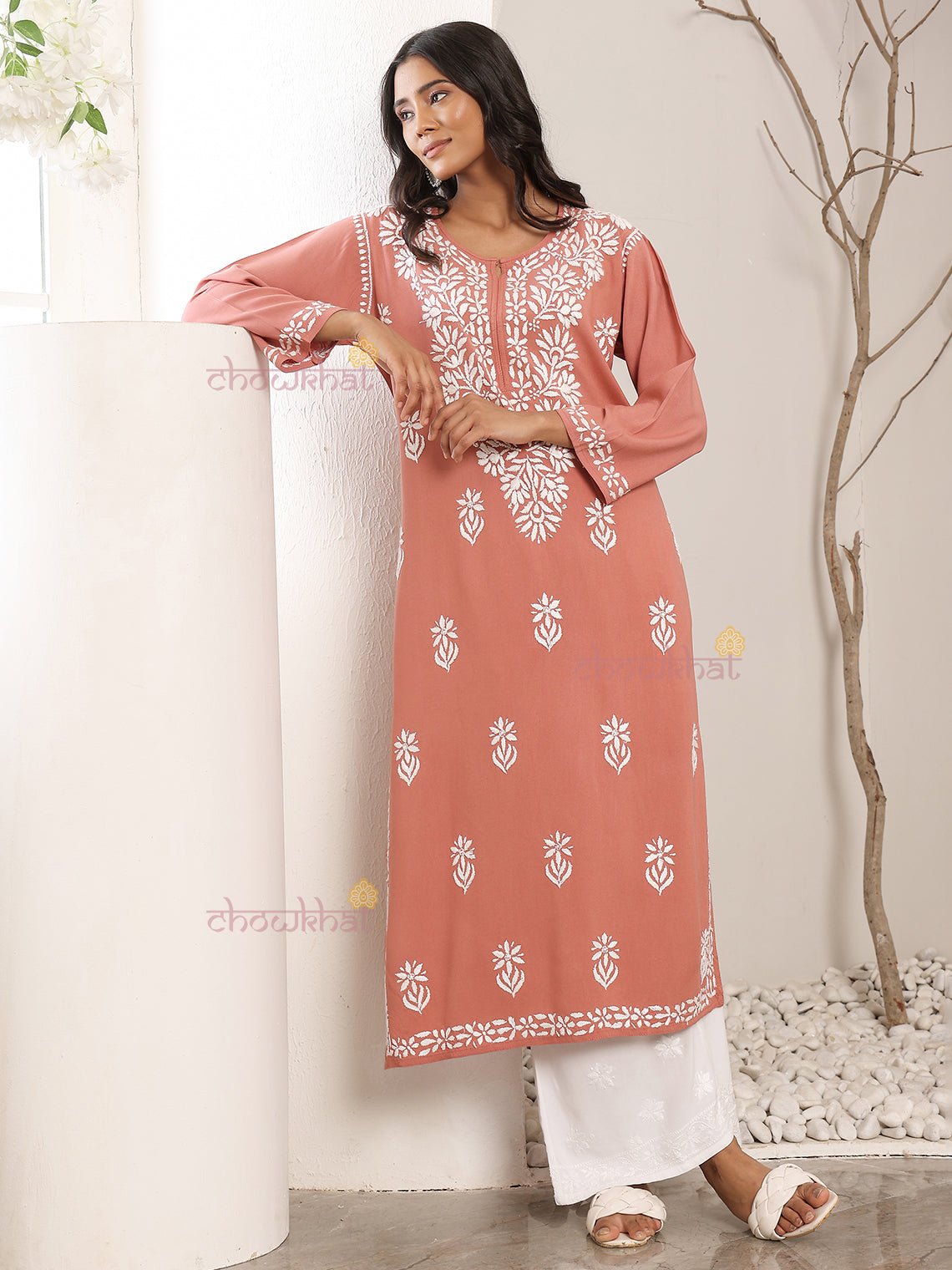 Tisha Straight Rayon Chikankari Long Kurti - Chowkhat Lifestyle