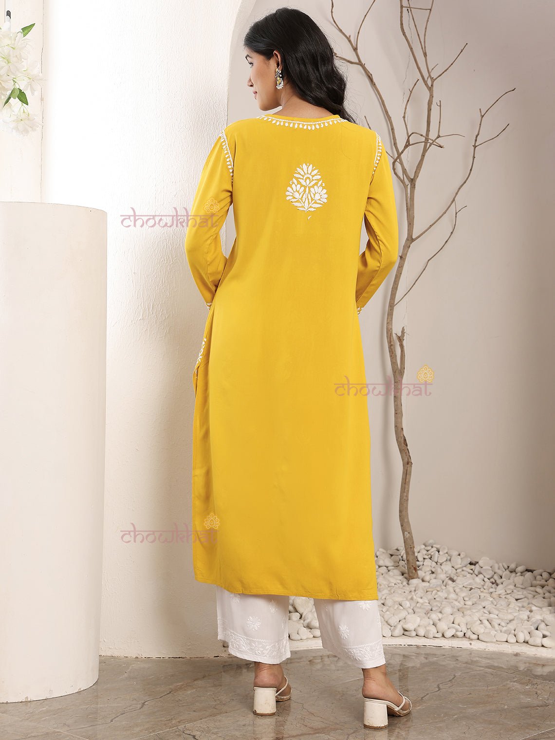 Tisha Straight Rayon Chikankari Long Kurti - Chowkhat Lifestyle
