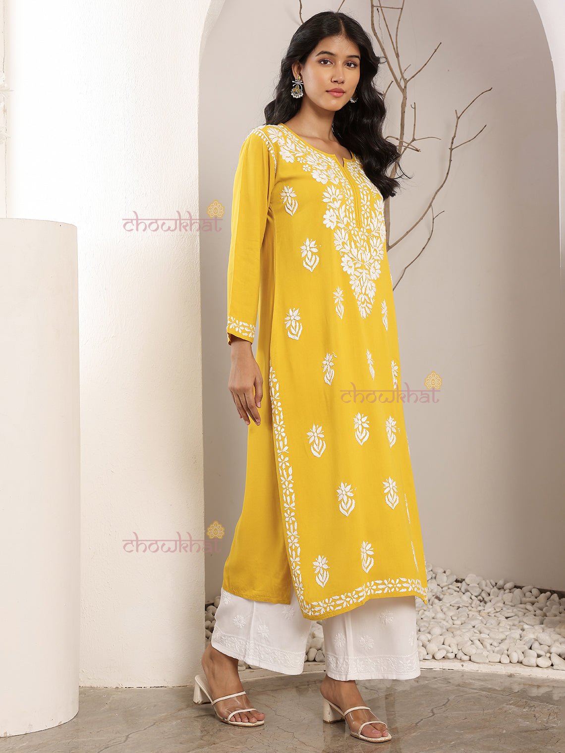 Tisha Straight Rayon Chikankari Long Kurti - Chowkhat Lifestyle