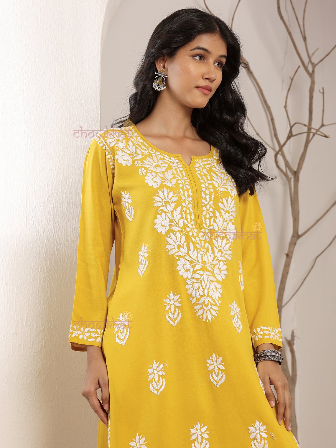Tisha Straight Rayon Chikankari Long Kurti - Chowkhat Lifestyle
