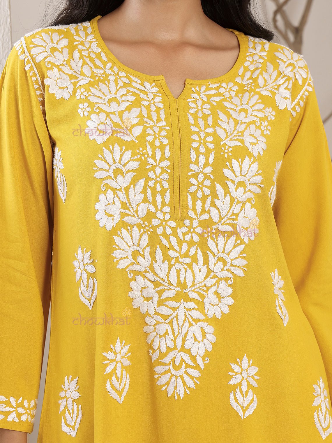 Tisha Straight Rayon Chikankari Long Kurti - Chowkhat Lifestyle