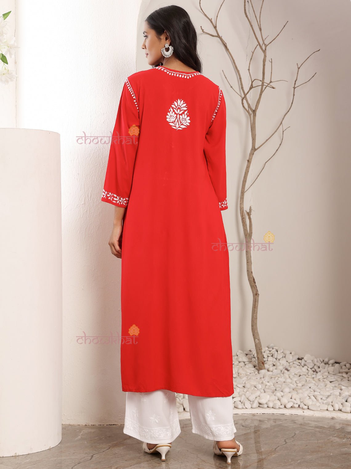 Tisha Straight Rayon Chikankari Long Kurti - Chowkhat Lifestyle