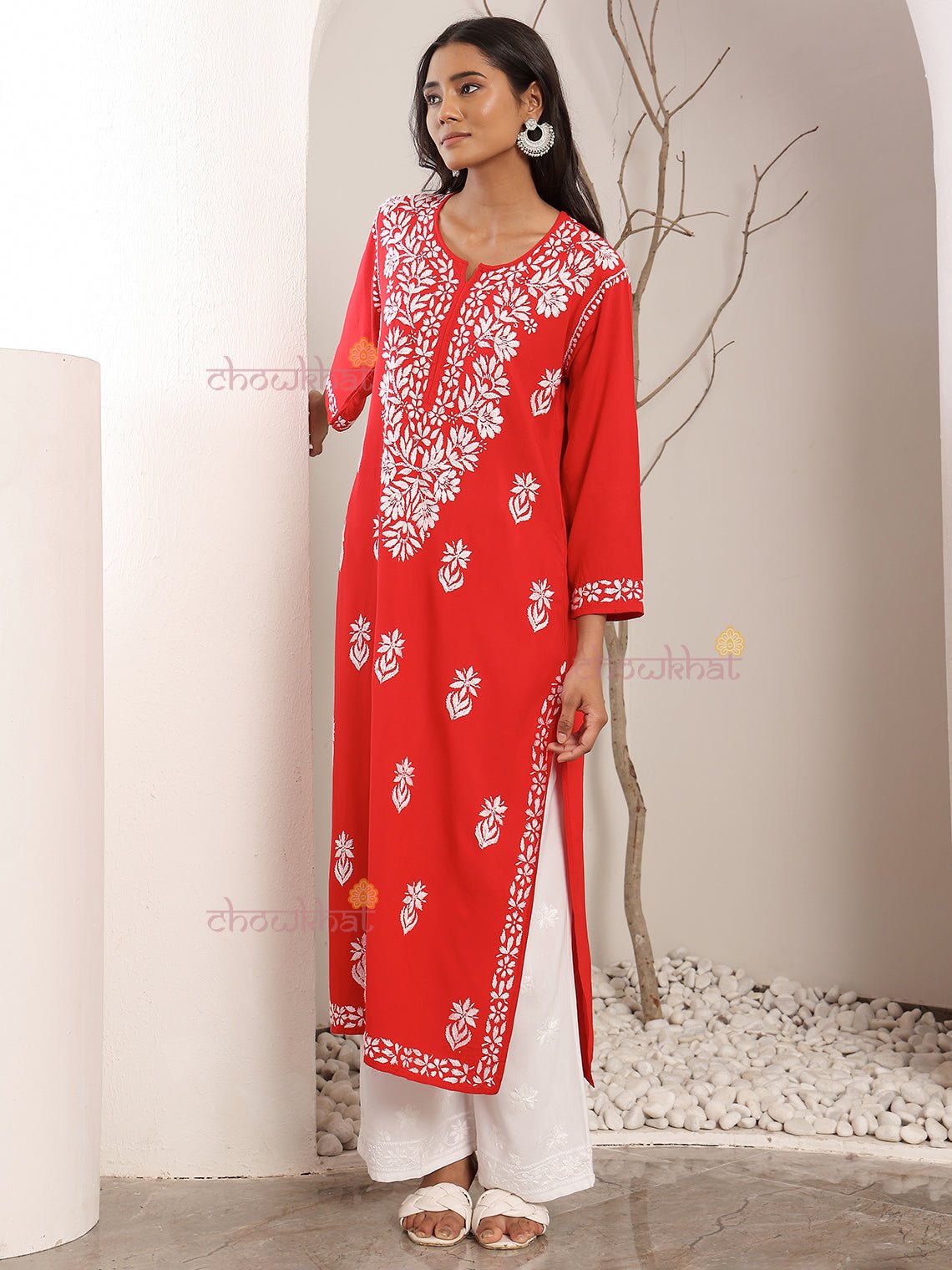 Tisha Straight Rayon Chikankari Long Kurti - Chowkhat Lifestyle