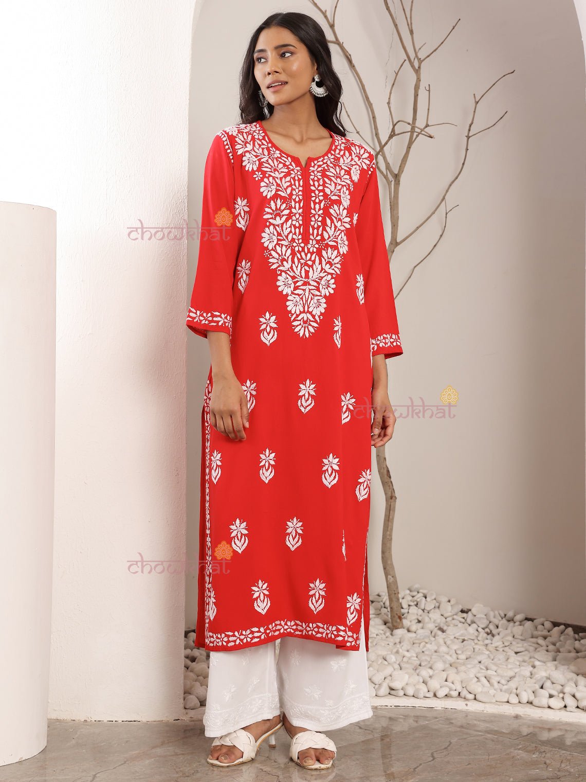 Tisha Straight Rayon Chikankari Long Kurti - Chowkhat Lifestyle