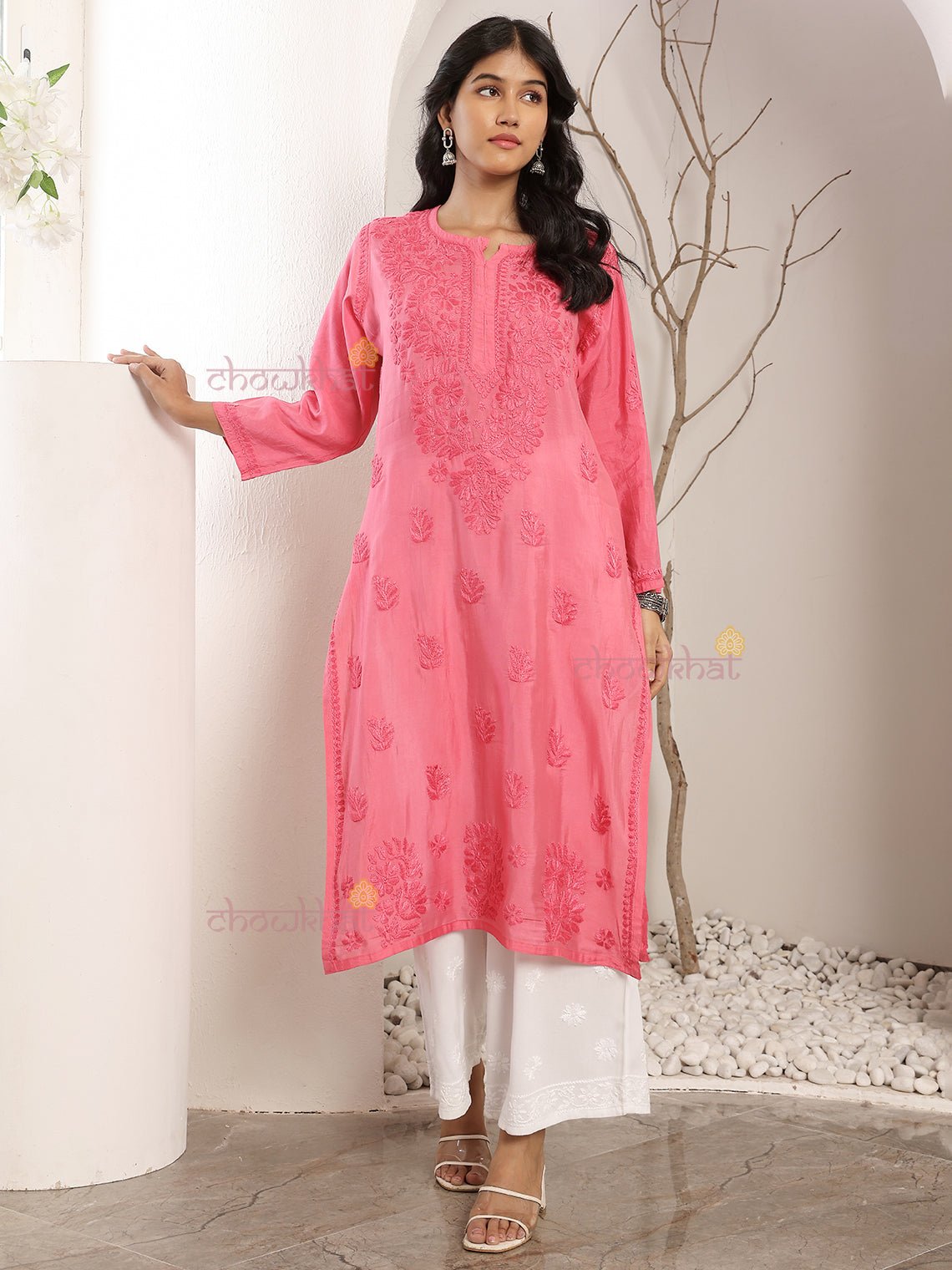 Haniya Premium Straight Chanderi Chikankari Kurti - Chowkhat Lifestyle