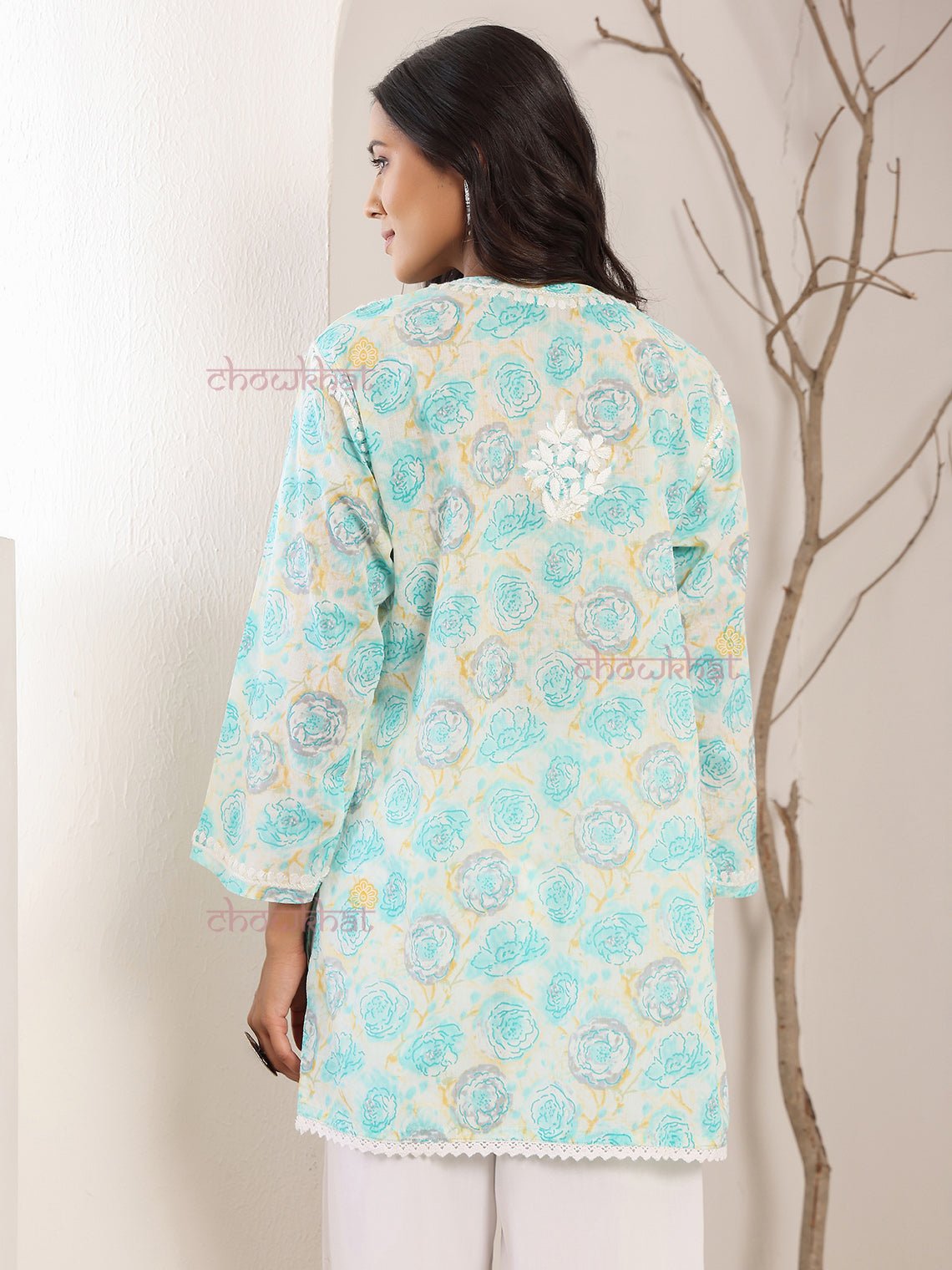 Charvi Mul Cotton Straight Short Chikankari Kurti - Chowkhat Lifestyle