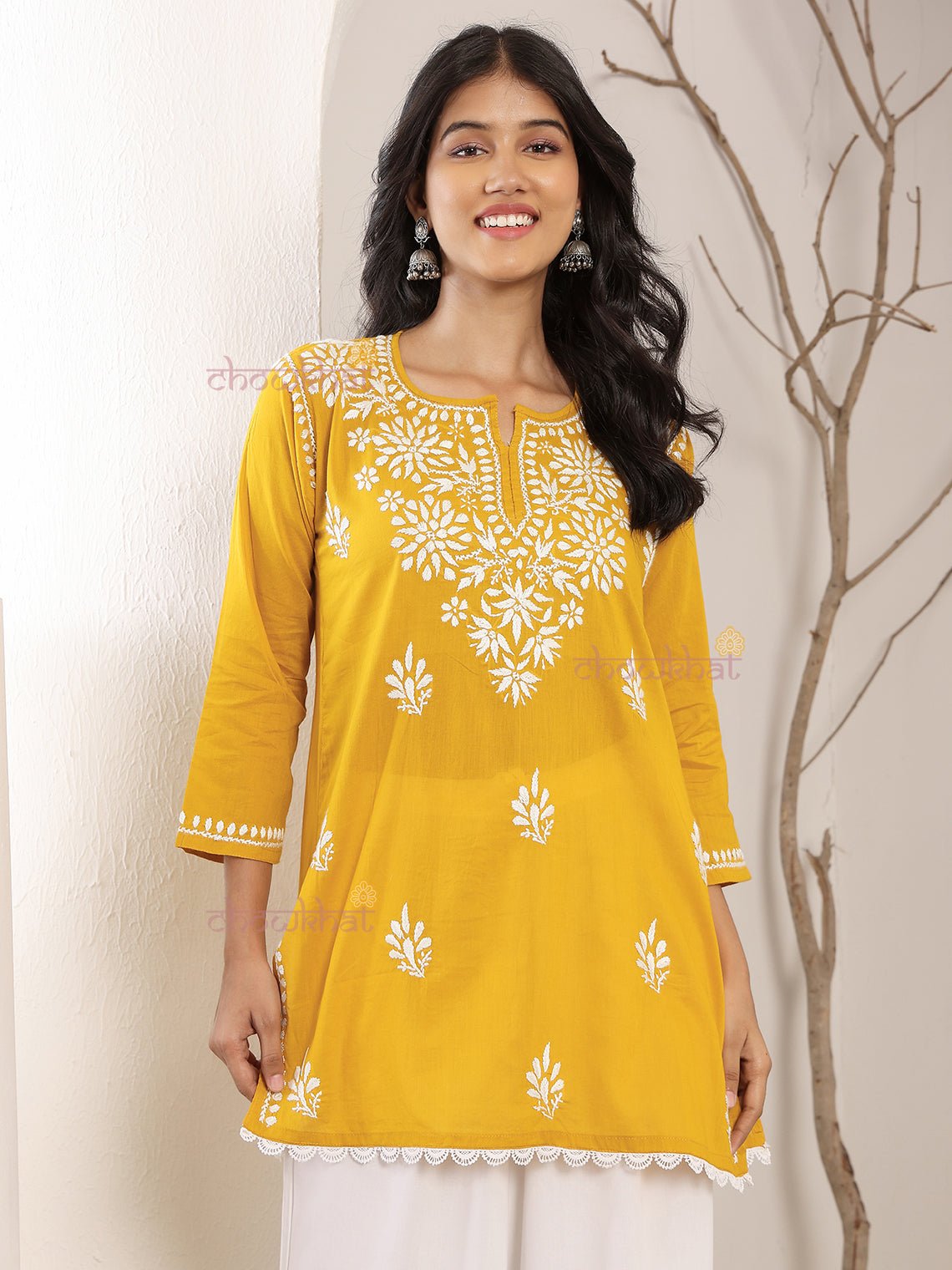 Dania Mul Cotton Short Straight Chikankari Kurti - Chowkhat Lifestyle