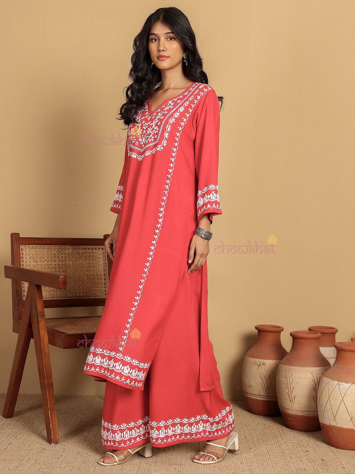 Alia Premium Rayon Straight Chikankari Kurti & Palazzo Set - Chowkhat Lifestyle