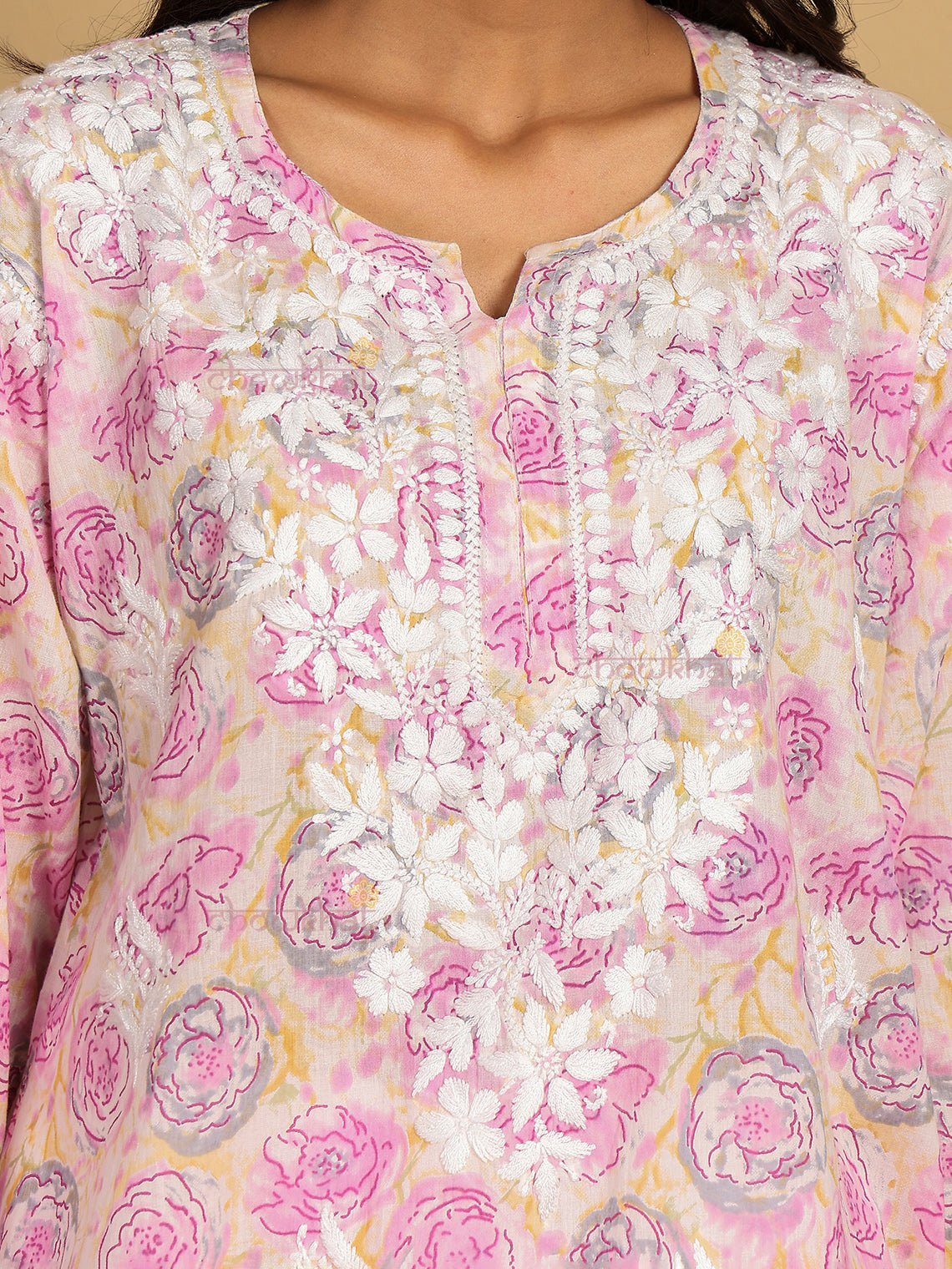 Charvi Mul Cotton Straight Short Chikankari Kurti - Chowkhat Lifestyle