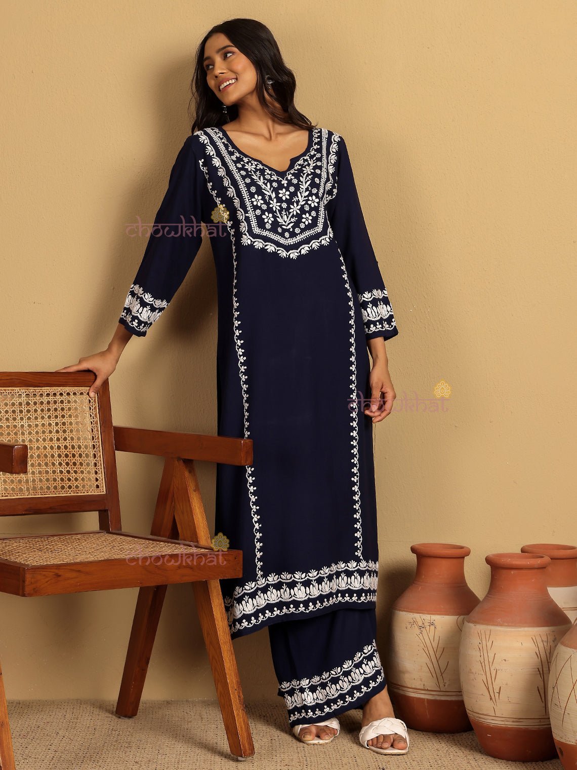 Alia Premium Rayon Straight Chikankari Kurti & Palazzo Set - Chowkhat Lifestyle