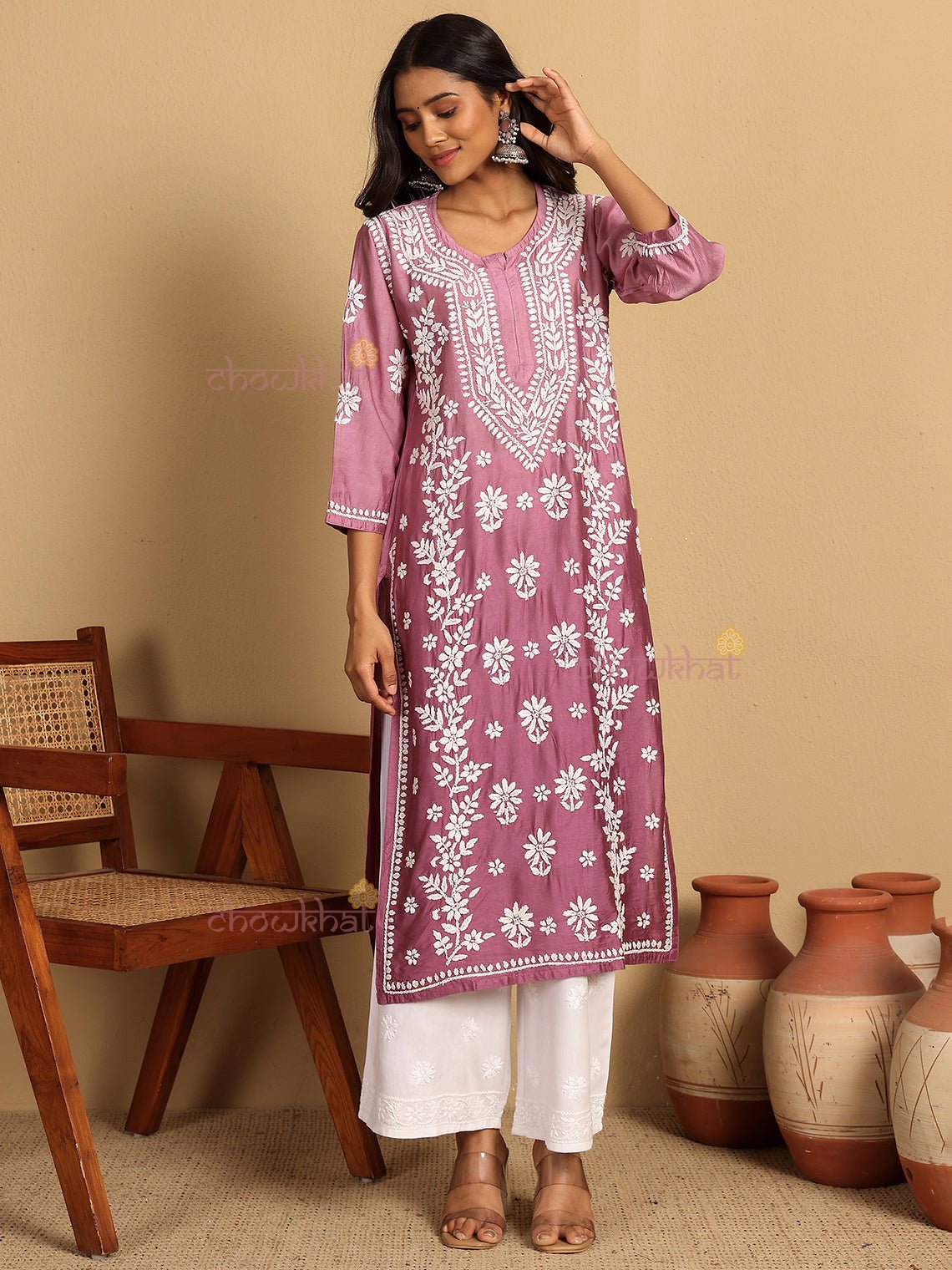 Aira Premium Chanderi Straight Chikankari Kurti - Chowkhat Lifestyle