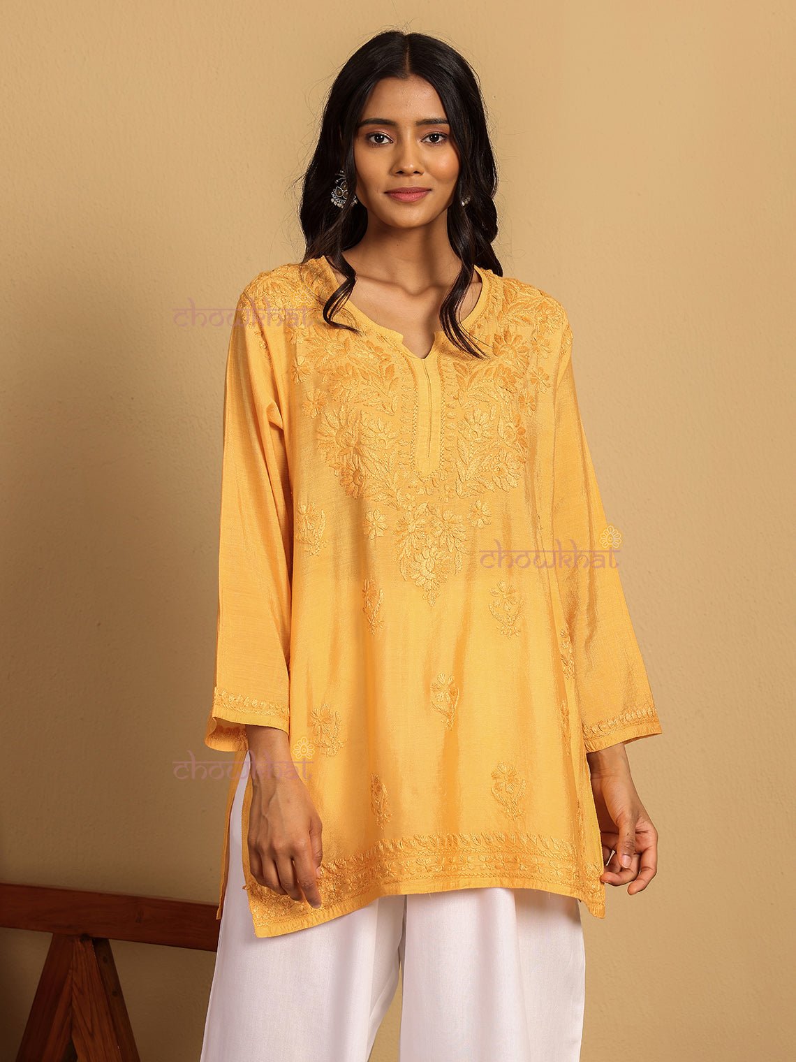 Aarna Chanderi Straight Short Chikankari Kurti - Chowkhat Lifestyle