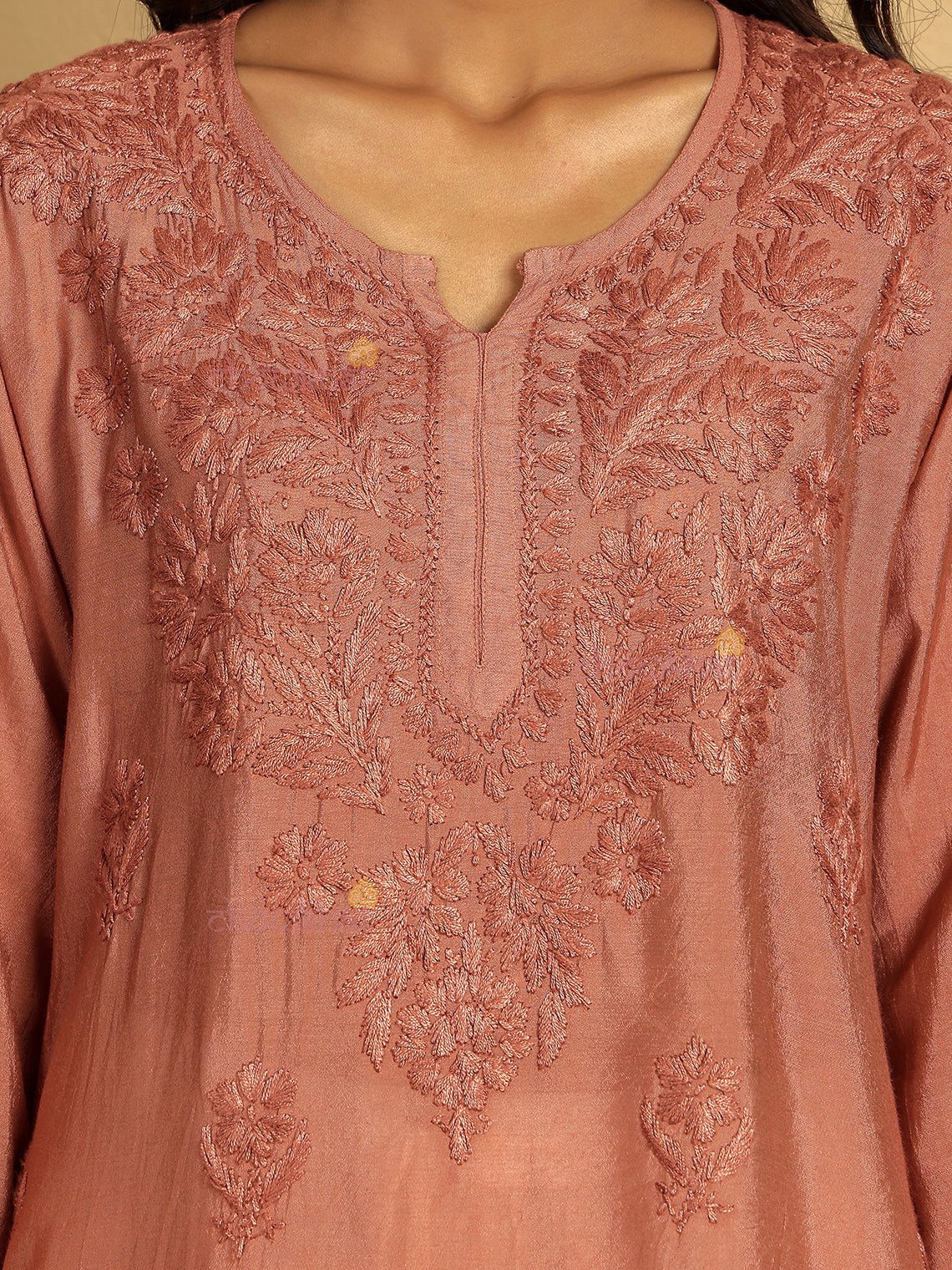 Aarna Chanderi Straight Short Chikankari Kurti - Chowkhat Lifestyle